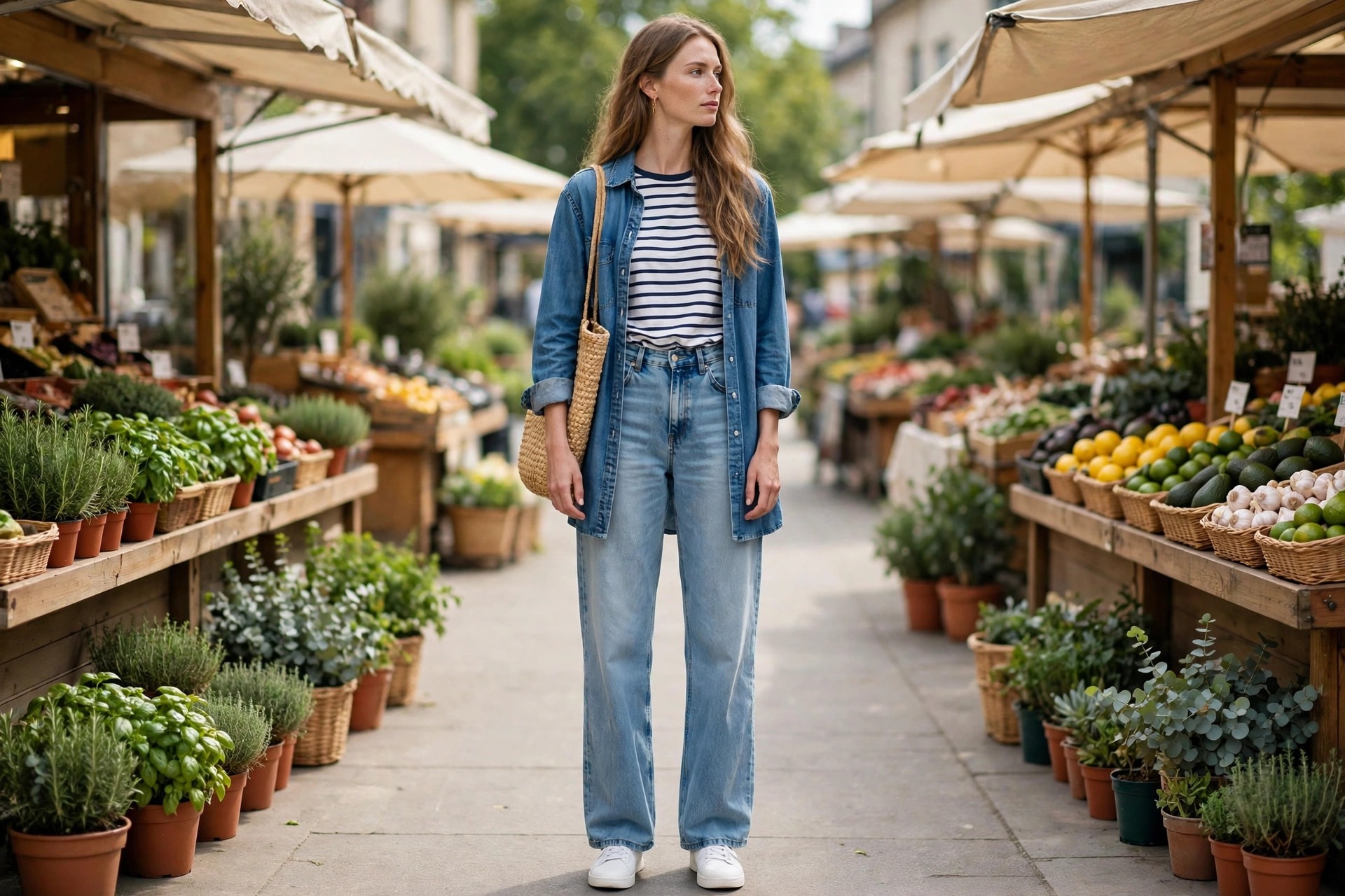 Tall woman wearing medium wash extra long flare jeans ending at the floor over the shoe, soft ivory blouse tucked in, block heel shoes, at a tidy dinner setting