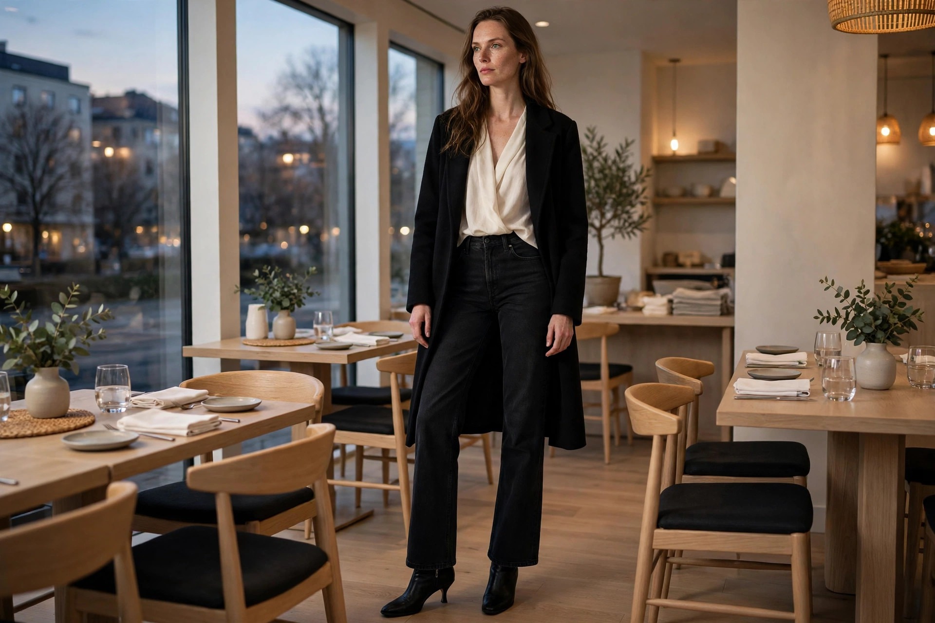 Tall woman wearing light wash extra long relaxed straight jeans reaching the sneaker, plain white tee front tucked, clean sneakers, denim jacket over arm, at a tidy market