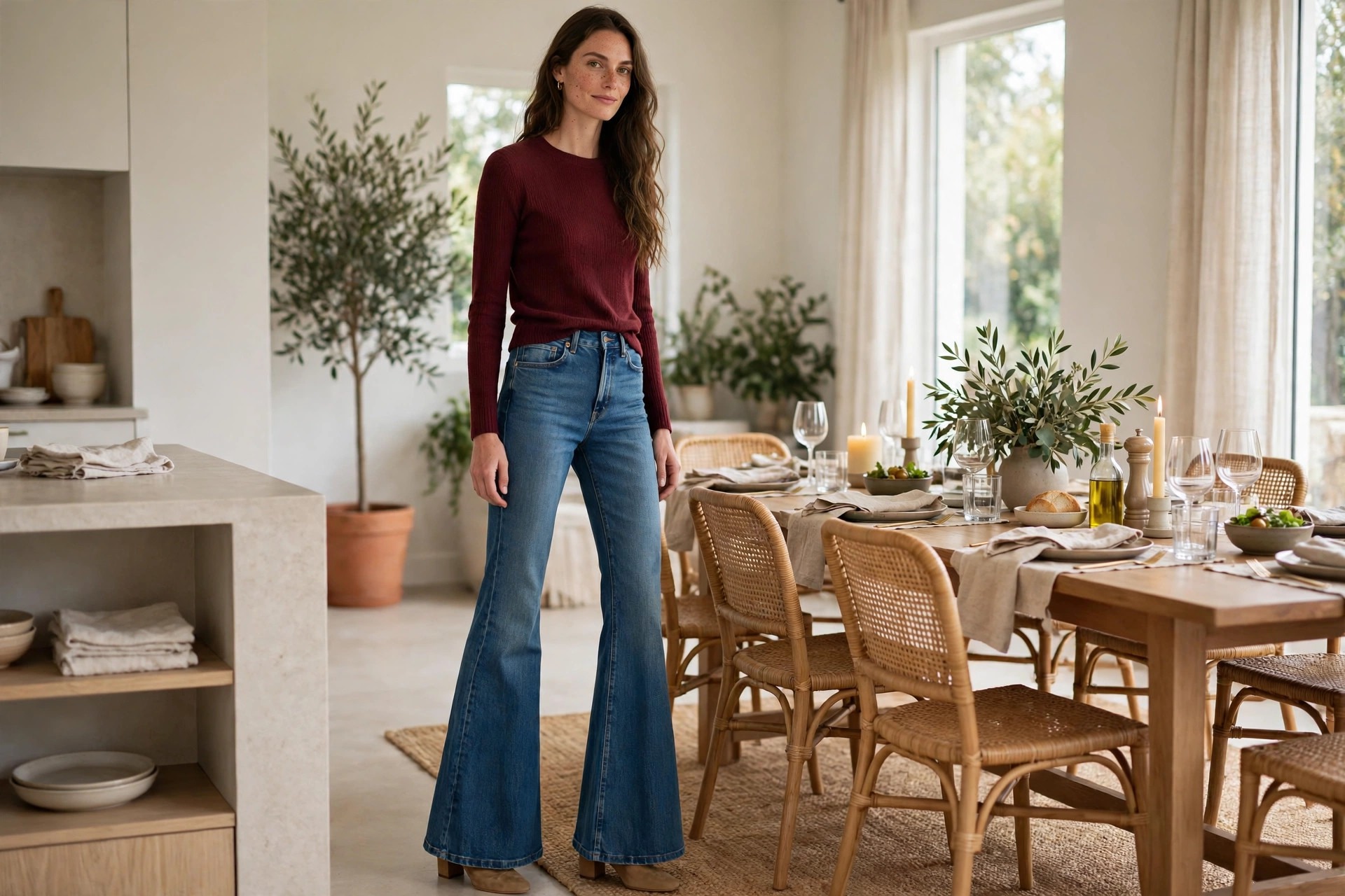 Tall woman wearing black extra long straight jeans meeting the shoe with no ankle gap, plain tee tucked in, navy blazer ending at the hip, loafers, in a tidy office