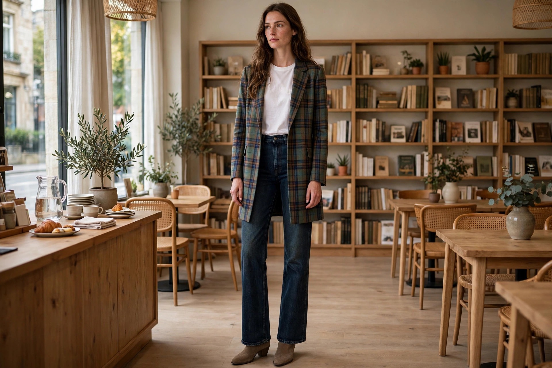 Tall woman wearing medium wash extra long straight jeans with full length hem, plain tee tucked in, cropped dark denim jacket ending at the waist, white sneakers, on a clean city street