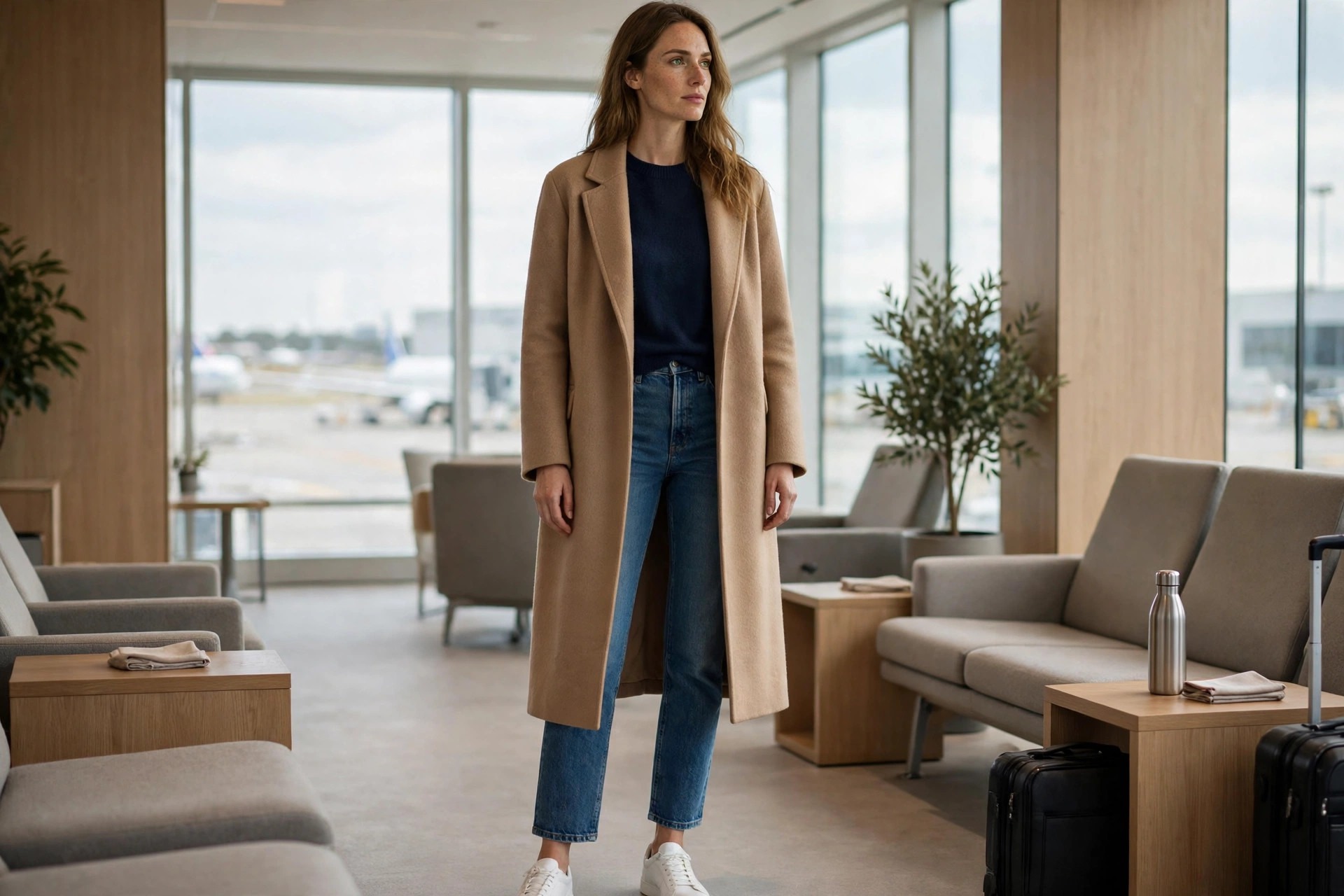 Tall woman wearing dark wash extra long flare jeans with full length hem, fitted cream mock neck top tucked in, longline coat below the knee, low heel boots, on a tidy winter street