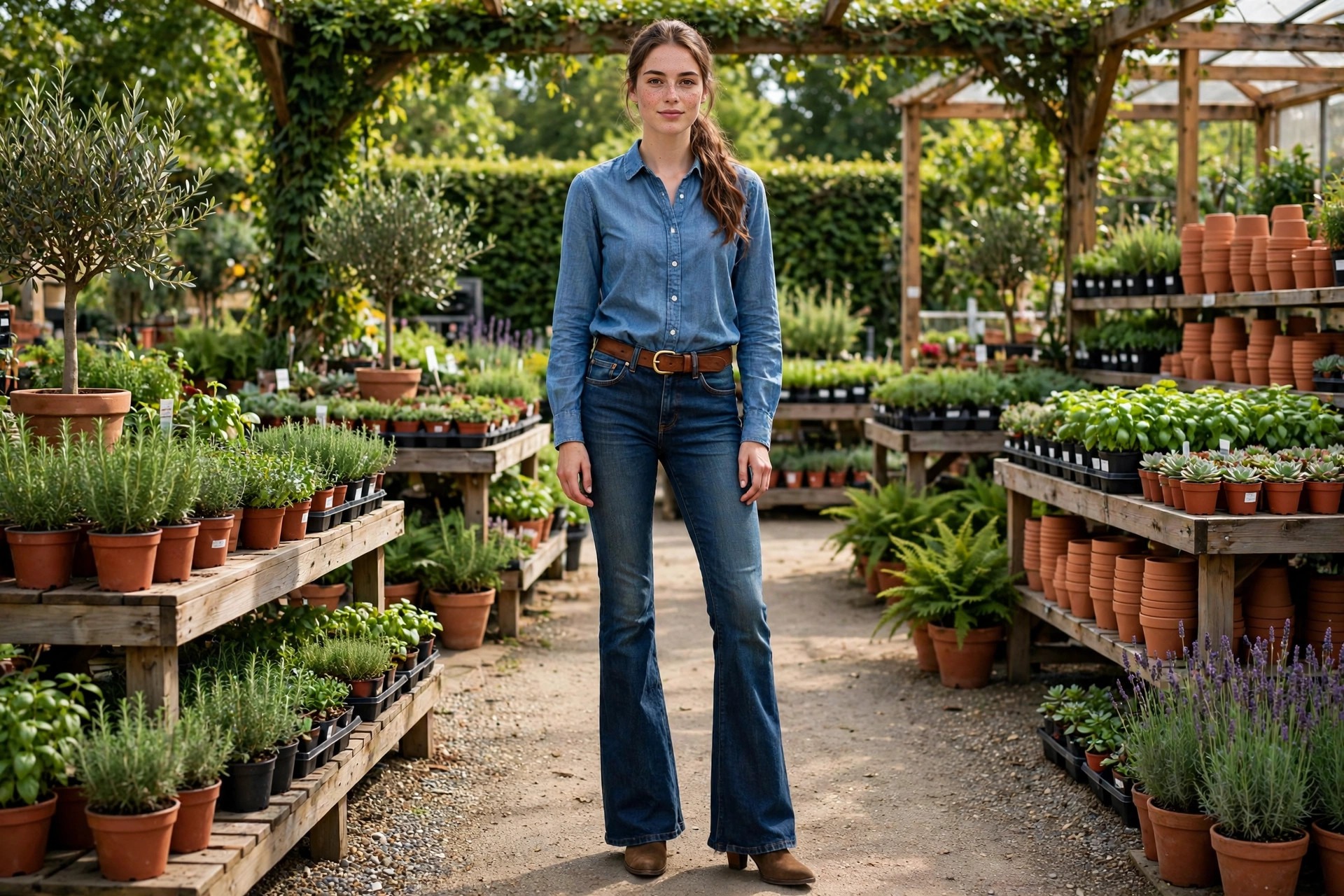 Tall woman wearing medium wash extra long boyfriend jeans with long loose leg, soft camel crew sweater with front tuck, belt, brown ankle boots, at a tidy weekend market