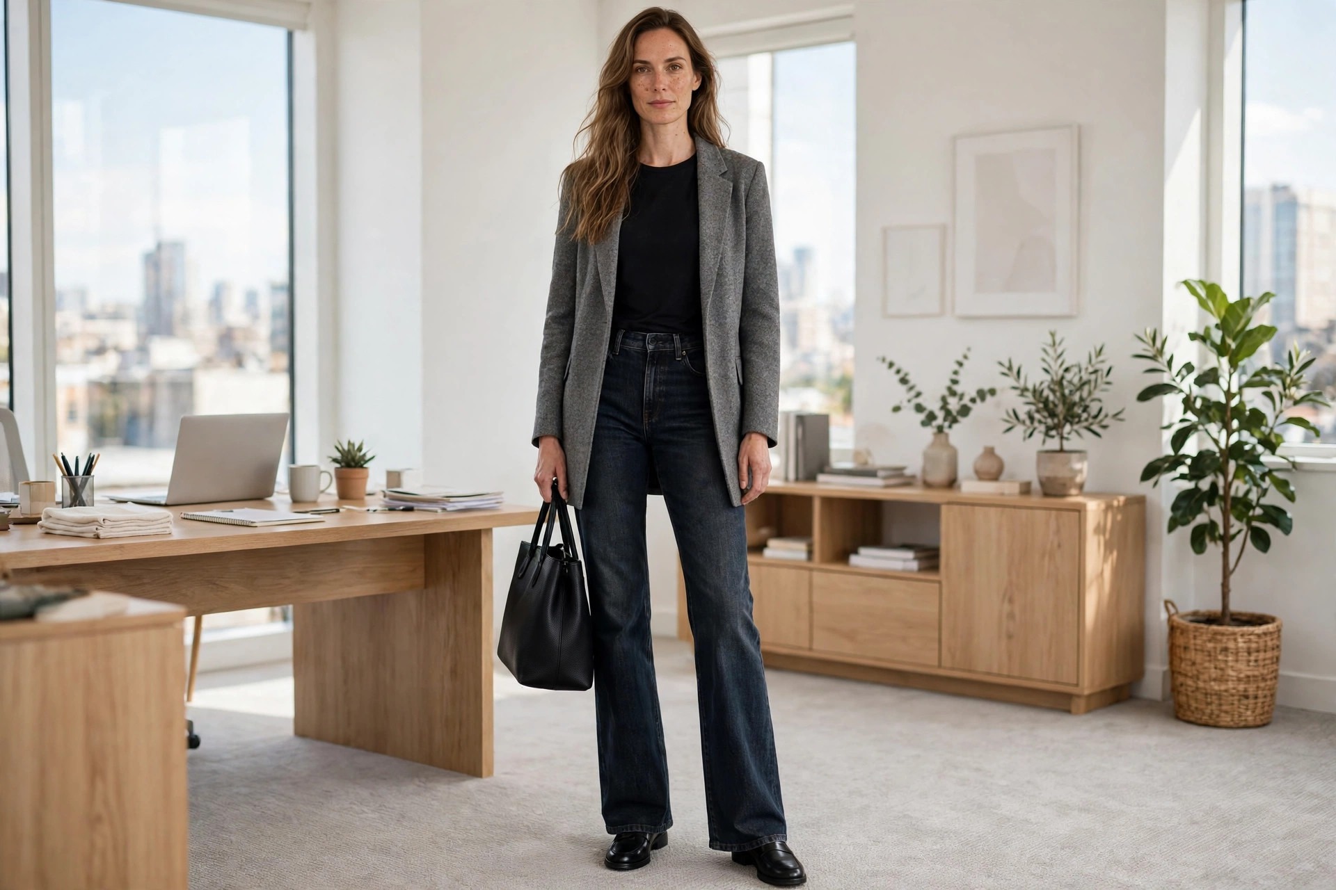 Tall woman wearing medium wash extra long bootcut jeans covering the top of the boot, chambray shirt front tucked with rolled sleeves, tan ankle boots, at a tidy farm shop