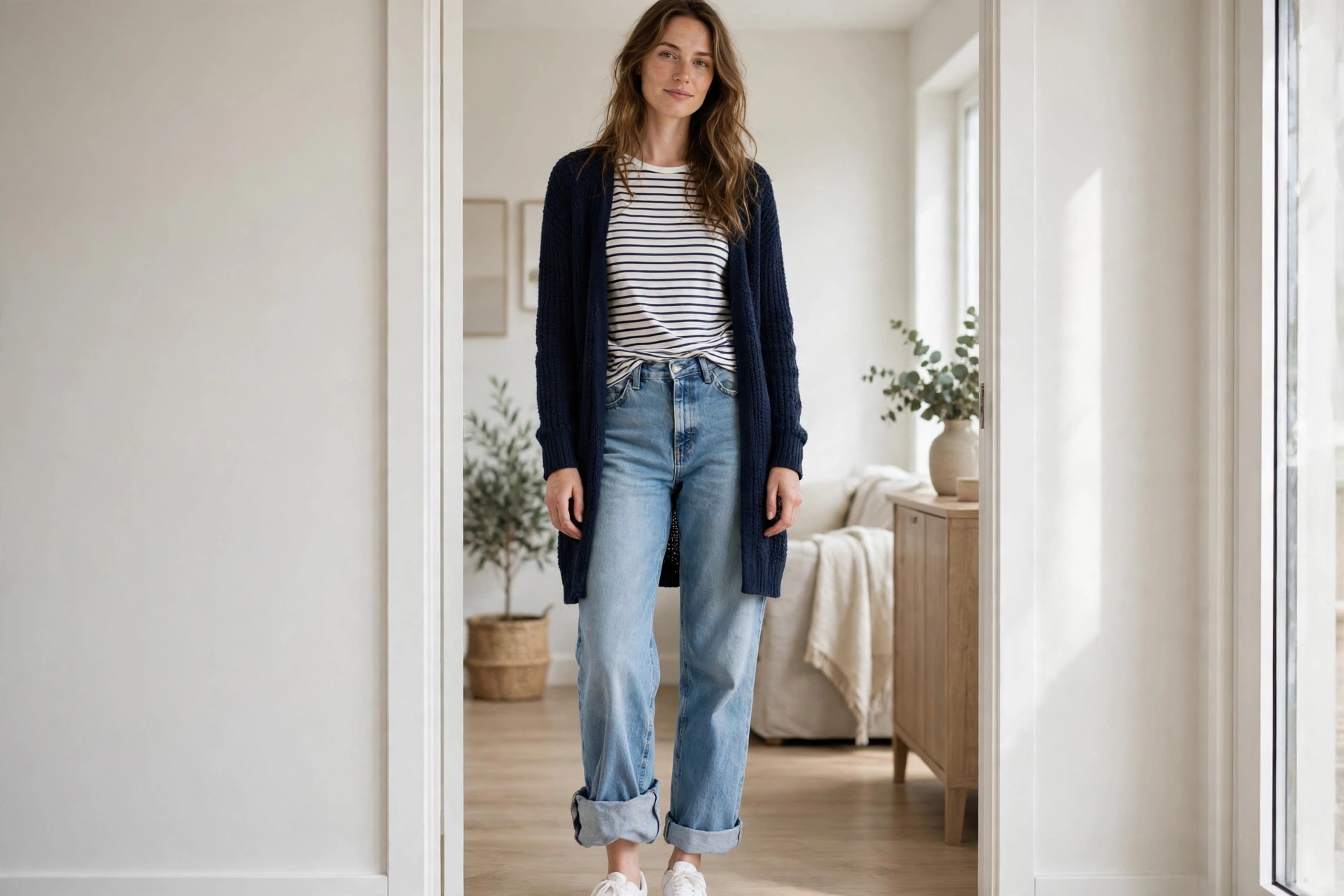 Tall woman wearing medium wash extra long relaxed jeans with full length hem, plain top, long trench coat below the knee, loafers, in a clean train station