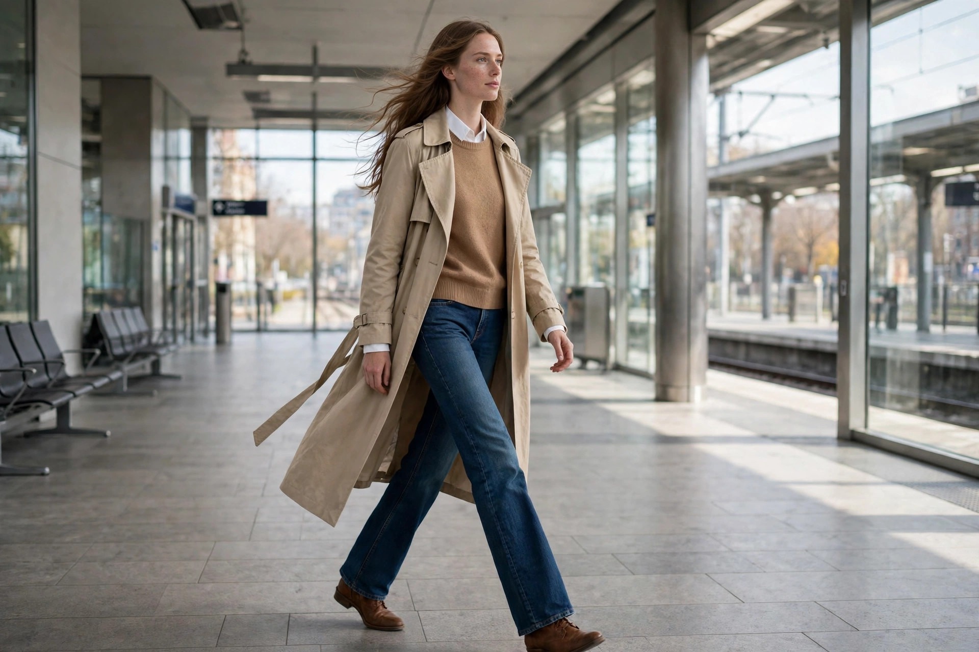 Tall woman wearing indigo extra long wide leg jeans reaching the floor, fitted cream turtleneck tucked in, long coat, black chelsea boots, on a tidy evening city street