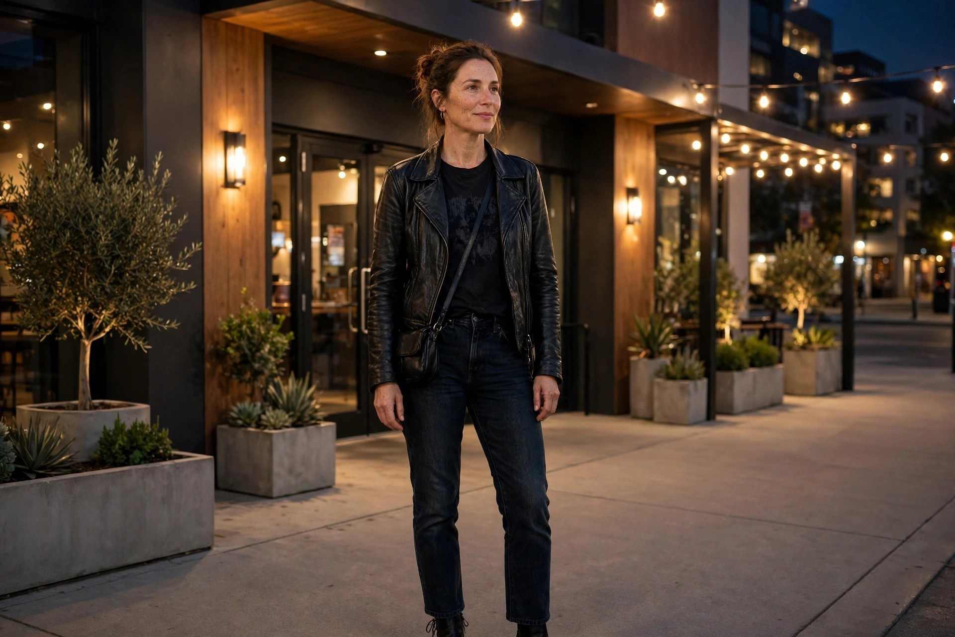 Woman in dark jeans, a dark graphic tee, a black leather jacket, flat ankle boots, and a crossbody bag at a music venue.