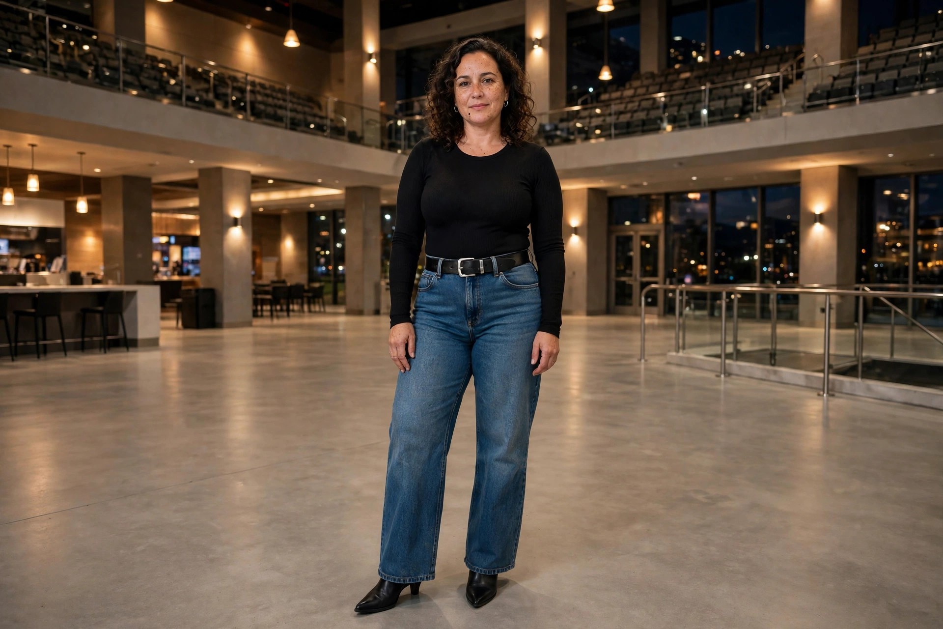 Curvy woman in medium wash wide-leg jeans, a black fitted bodysuit, a wide black belt, and pointed black boots in an arena concourse.
