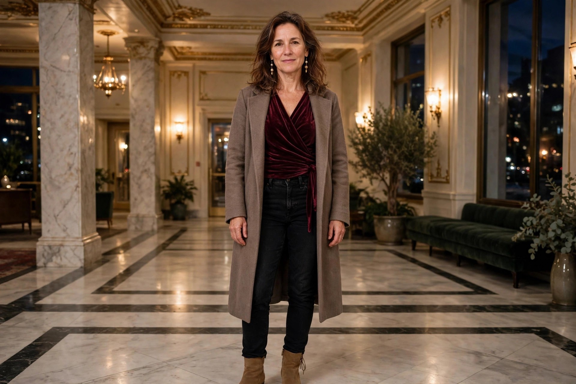 Woman in black jeans, a burgundy velvet wrap top, drop earrings, a long taupe coat, and tan suede ankle boots in a theater lobby.