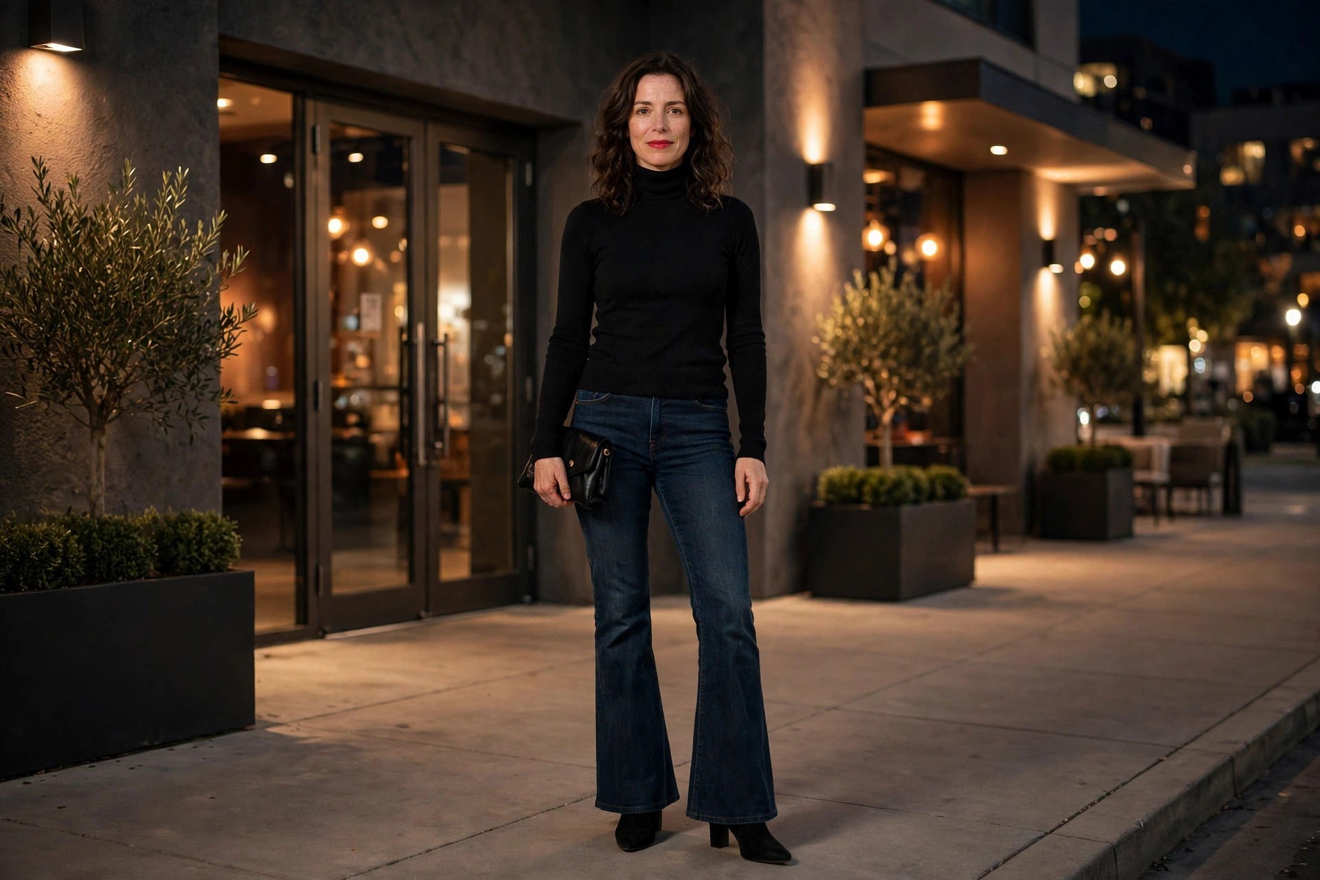 Woman in dark flare jeans, a fitted black turtleneck, heeled boots, and a black clutch at a music venue.