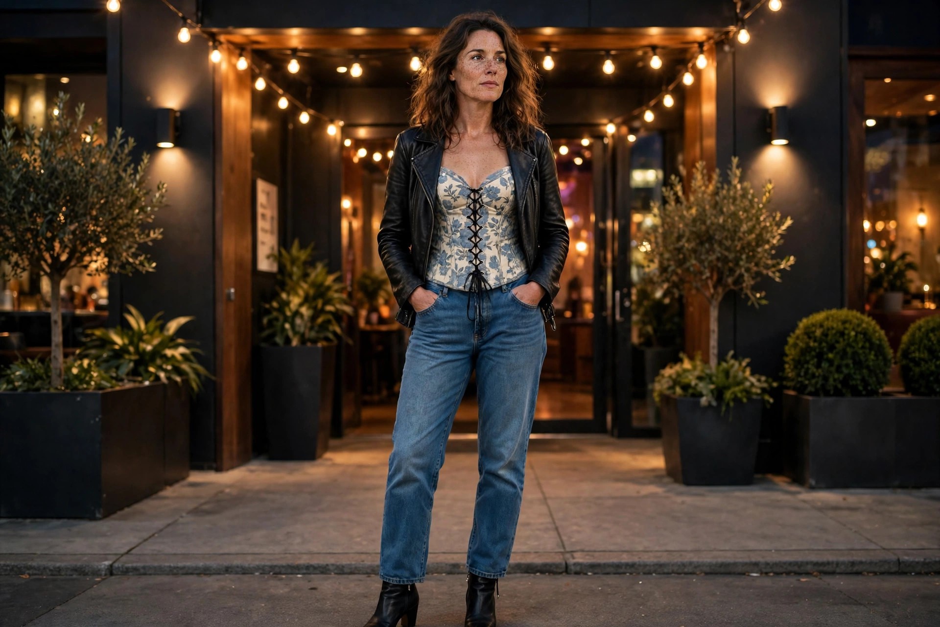 Woman in relaxed medium wash jeans, a printed corset-style top, an open black leather jacket, and black heeled ankle boots outside a nightclub.