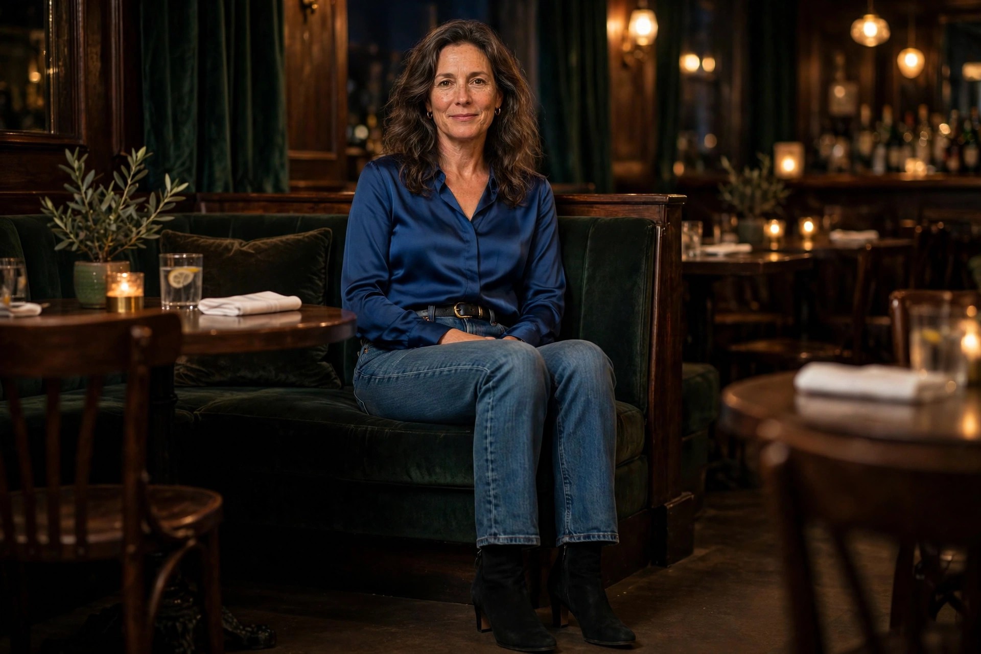 Woman in medium wash straight-leg jeans, a sapphire blue satin blouse, a black belt with a gold buckle, and black heeled ankle boots in a jazz club.