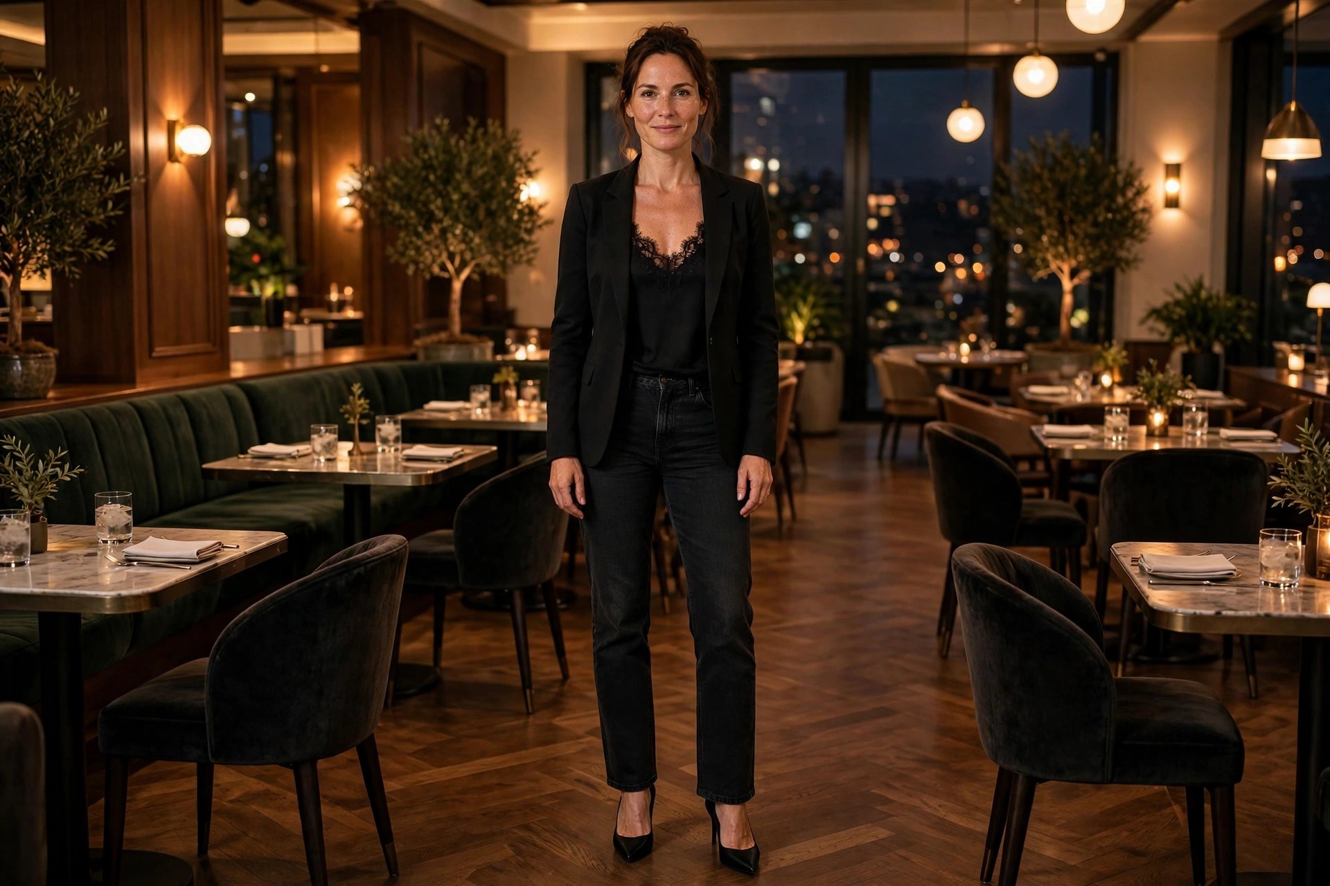 Woman in black straight-leg jeans, a black lace-trim top under a black blazer, and pointed black heels at an upscale evening venue.