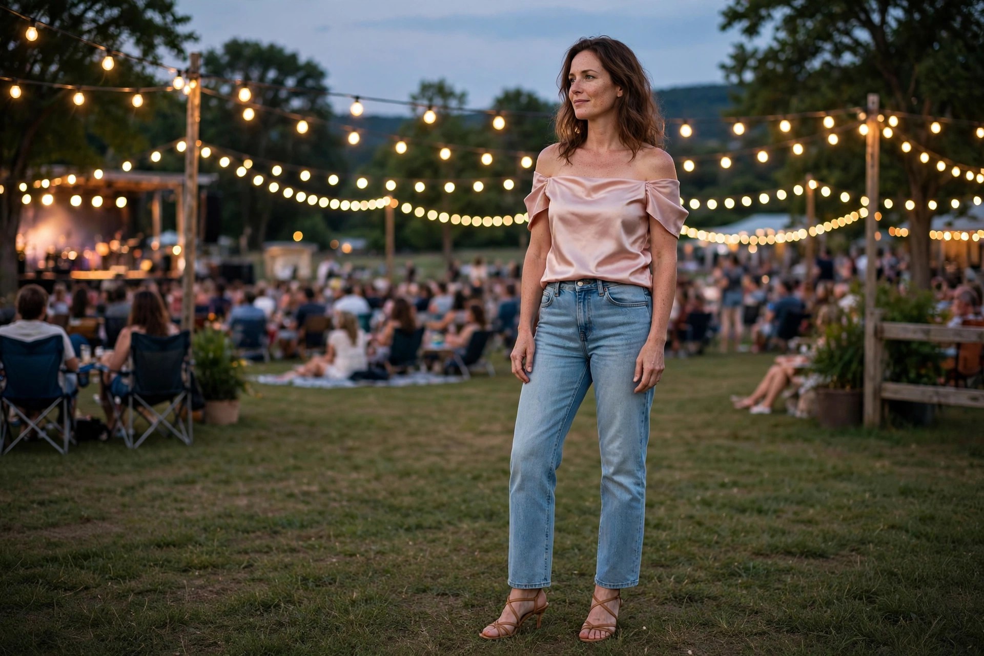 Woman in light wash straight-leg jeans, a blush off-shoulder satin top, and strappy heeled sandals at an outdoor summer concert.