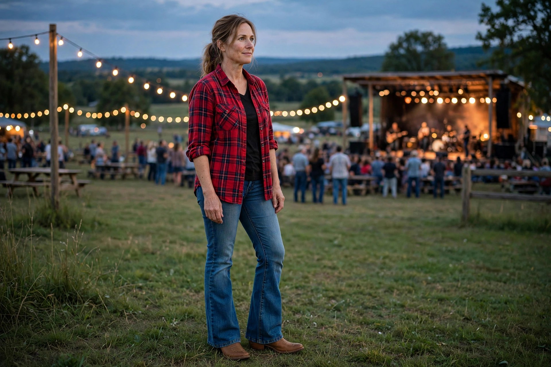 Woman in medium wash bootcut jeans, tan cowboy boots, and a red plaid shirt at an outdoor country concert.