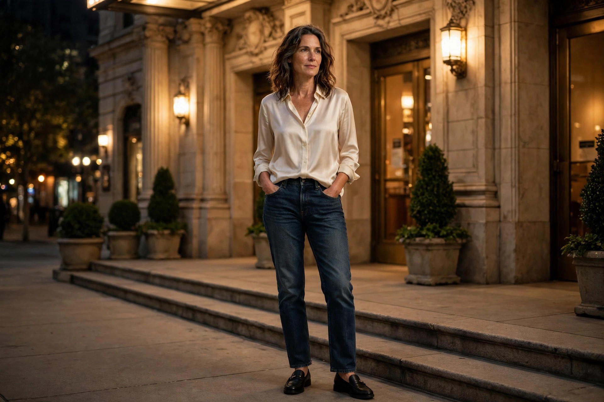 Woman in dark straight-leg jeans, a cream silk shirt, and black loafers outside a theater at night.