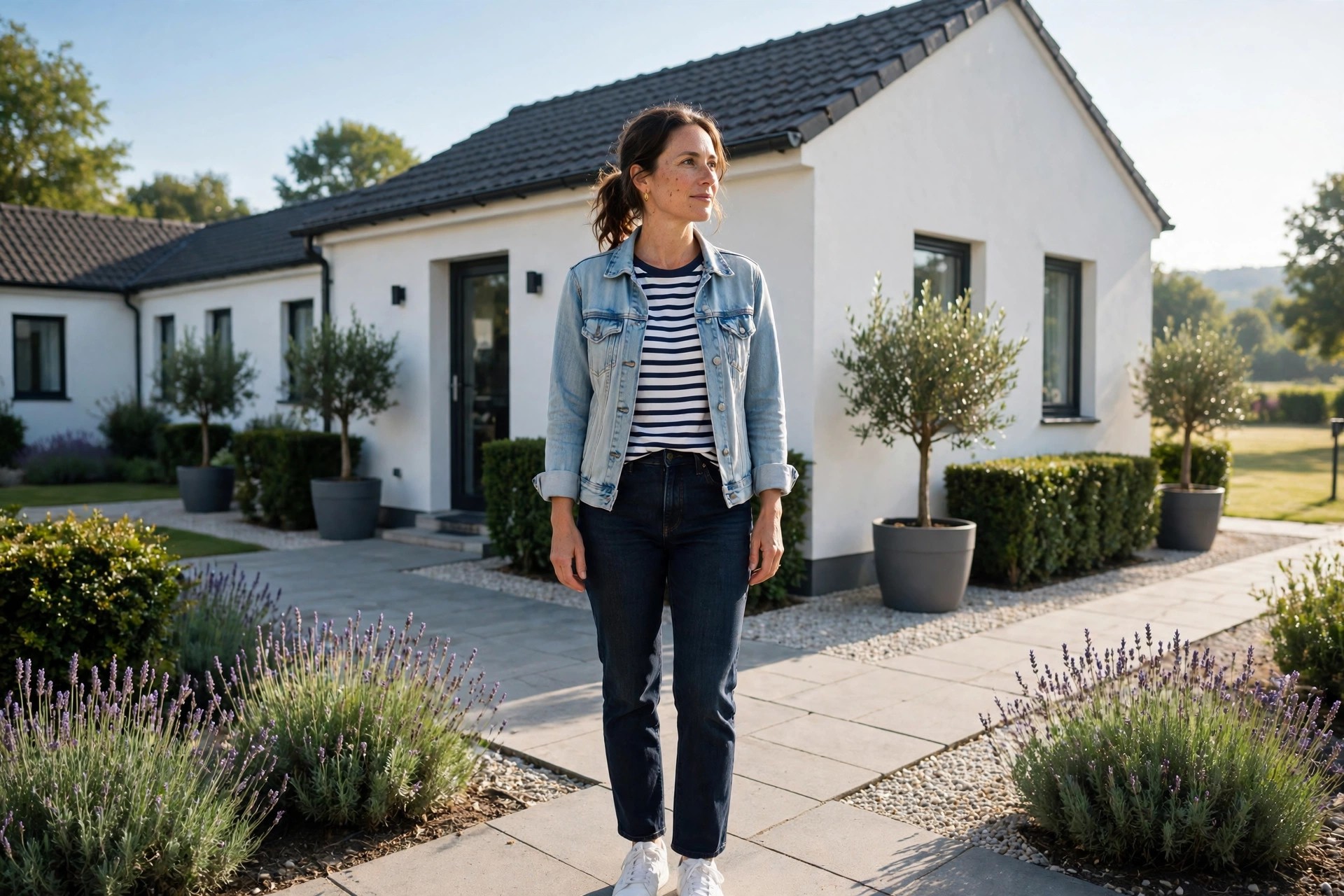Woman in dark jeans, a navy and white striped tee, a light wash denim jacket, and white sneakers outside a small hotel in the morning.