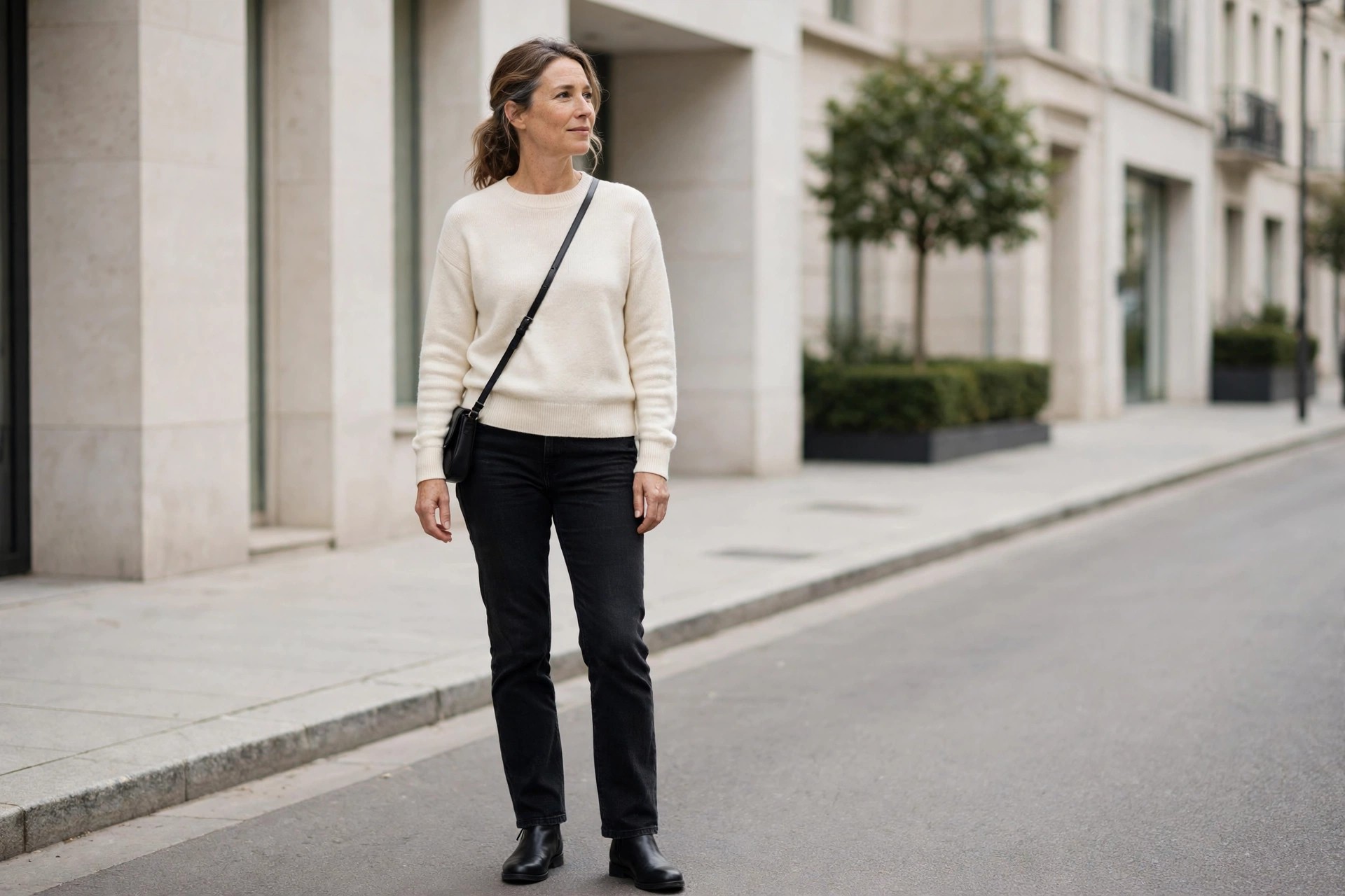 Woman in black straight-leg jeans, a cream crew sweater, a crossbody bag, and black flat ankle boots on a city street.