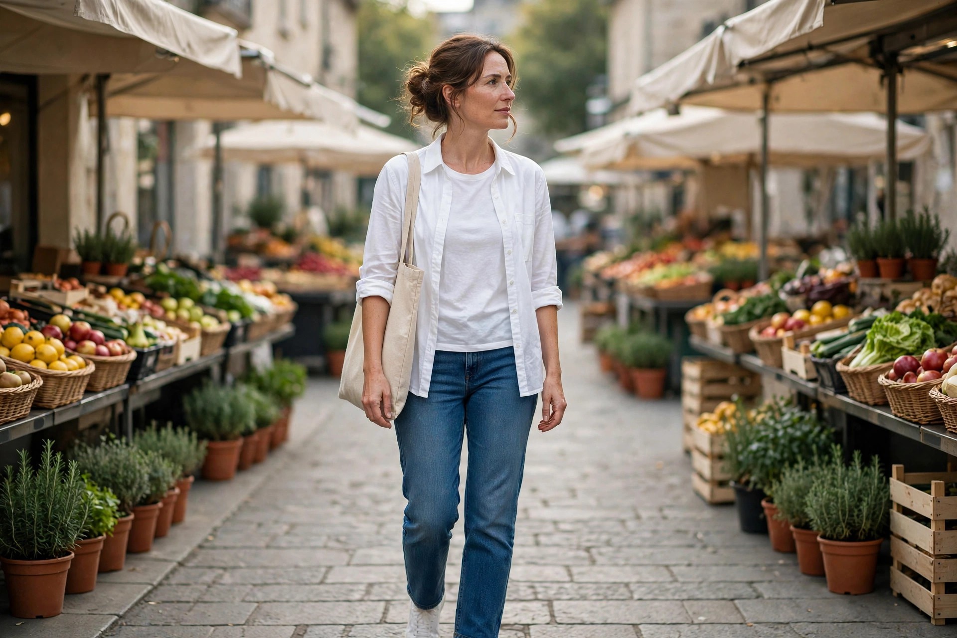 Woman in blue jeans, a white button shirt worn open over a white tee, white sneakers, and a tote bag at a morning market.