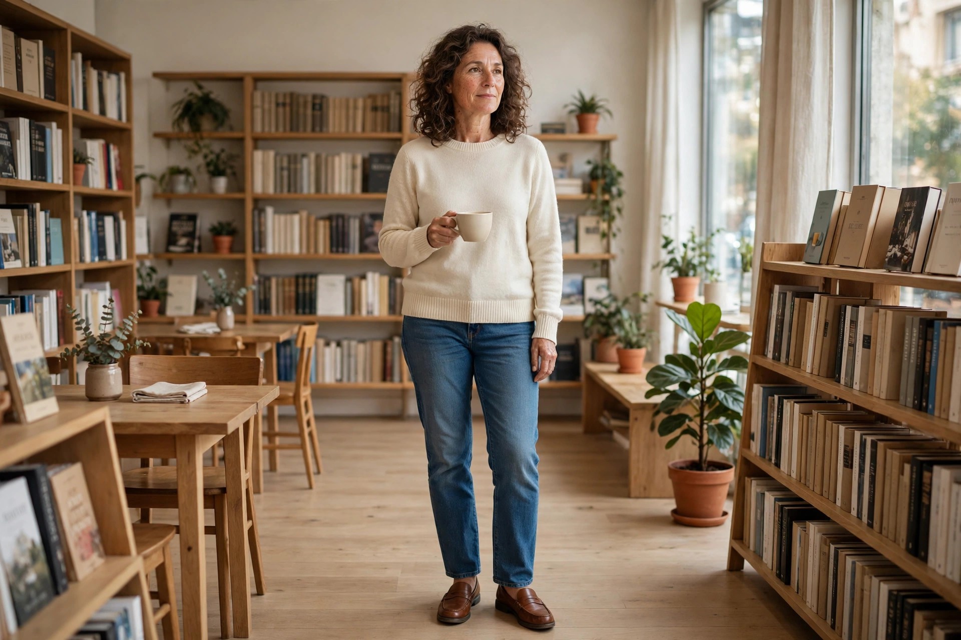 Woman in blue jeans, a cream sweater, and brown leather loafers holding a coffee cup in a bookshop cafe.