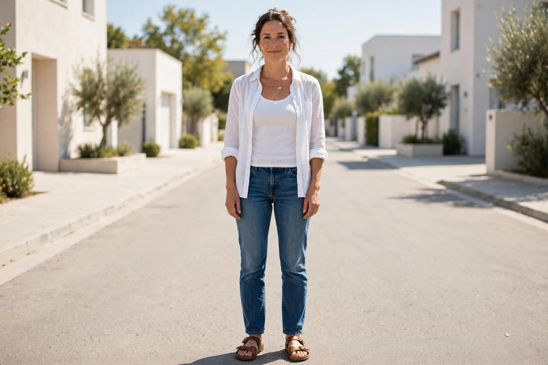 Woman in blue jeans, a white tank top with a white button shirt worn open, and flat leather sandals on a sunny street.