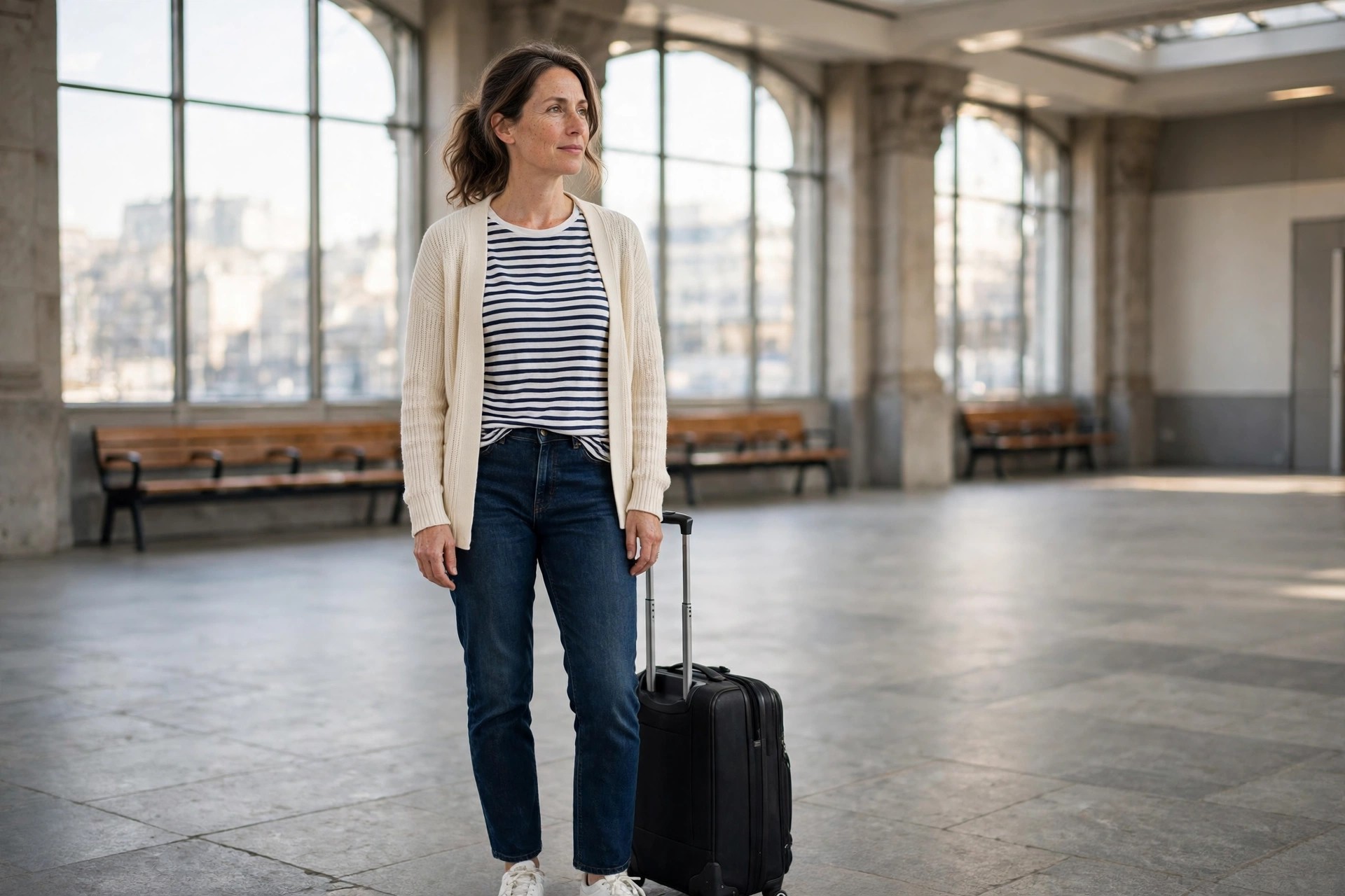 Woman in dark jeans, a striped tee, a cream cardigan, and white sneakers with her carry-on in a train station.