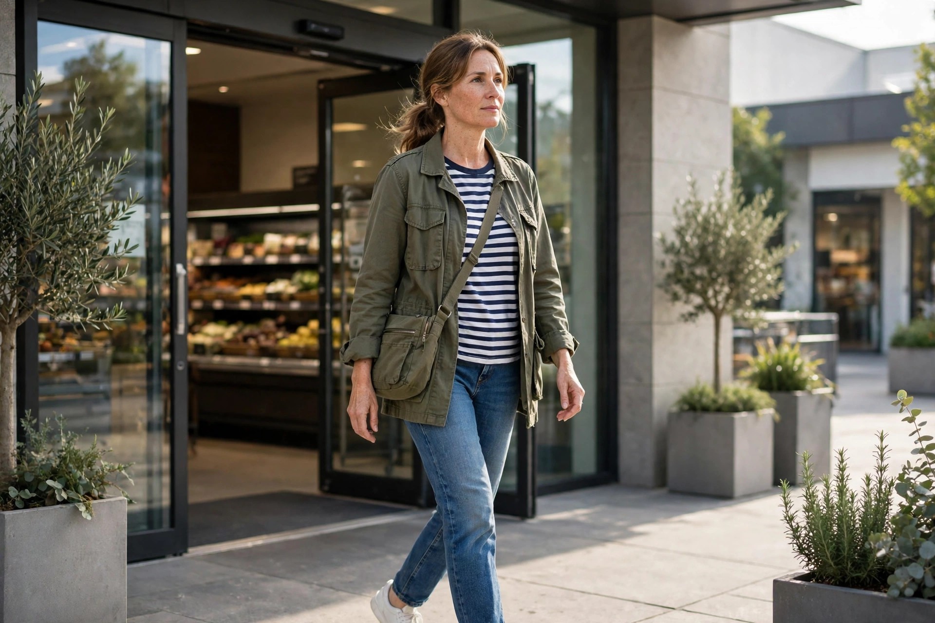 Woman wearing mid wash straight jeans, a striped t-shirt, an olive utility jacket and white sneakers outside a grocery store entrance