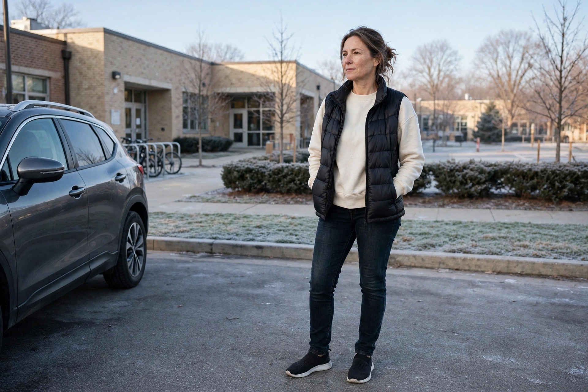 Woman wearing dark jeans, a cream sweatshirt, a black puffer vest and slip-on sneakers by a car outside a school on a cold morning