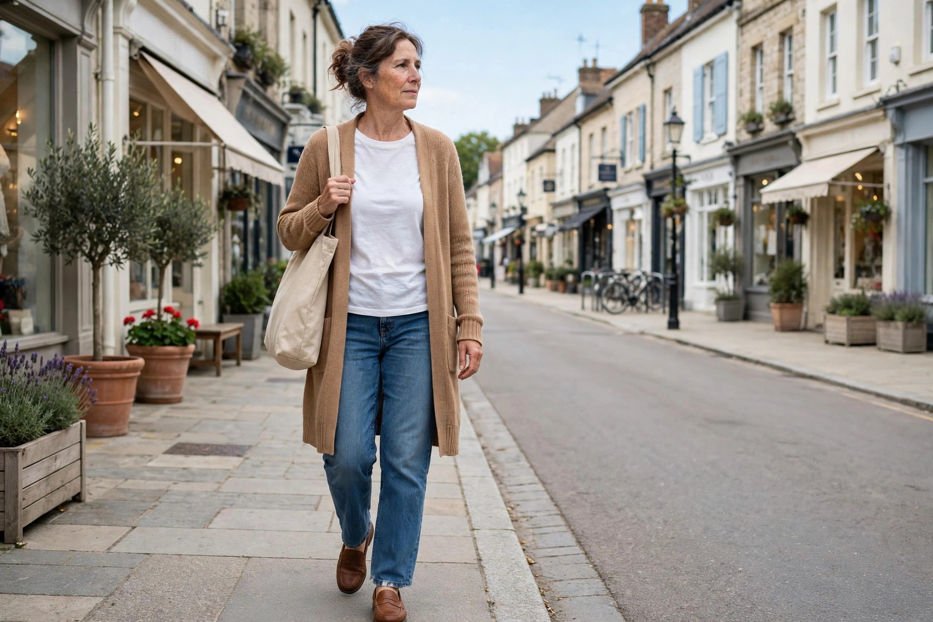 Woman wearing relaxed jeans, a white t-shirt, a long camel cardigan and loafers, carrying a large tote on a town street