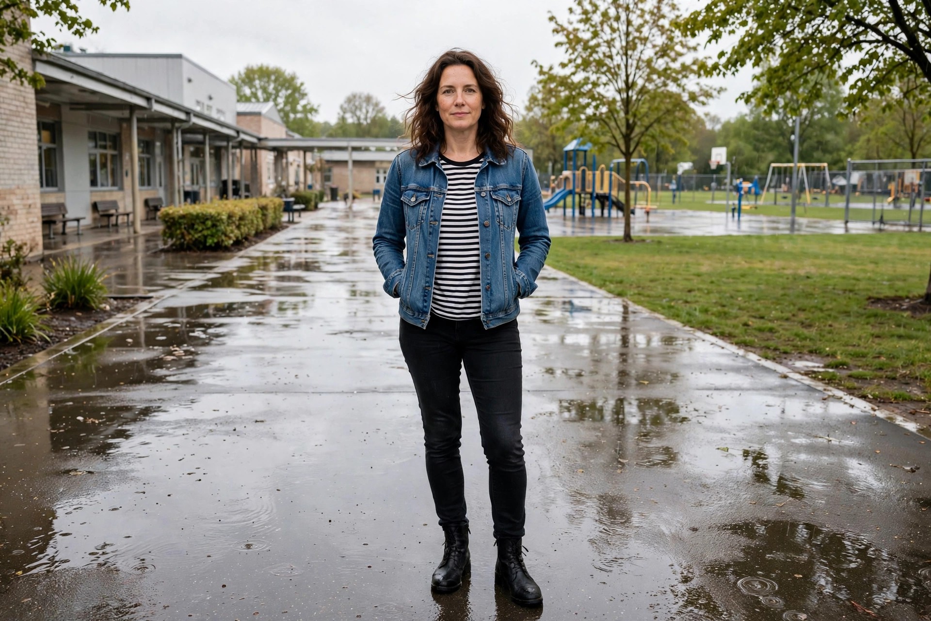 Woman wearing black jeans, a striped long sleeve top, a denim jacket and black ankle boots on a wet school playground path
