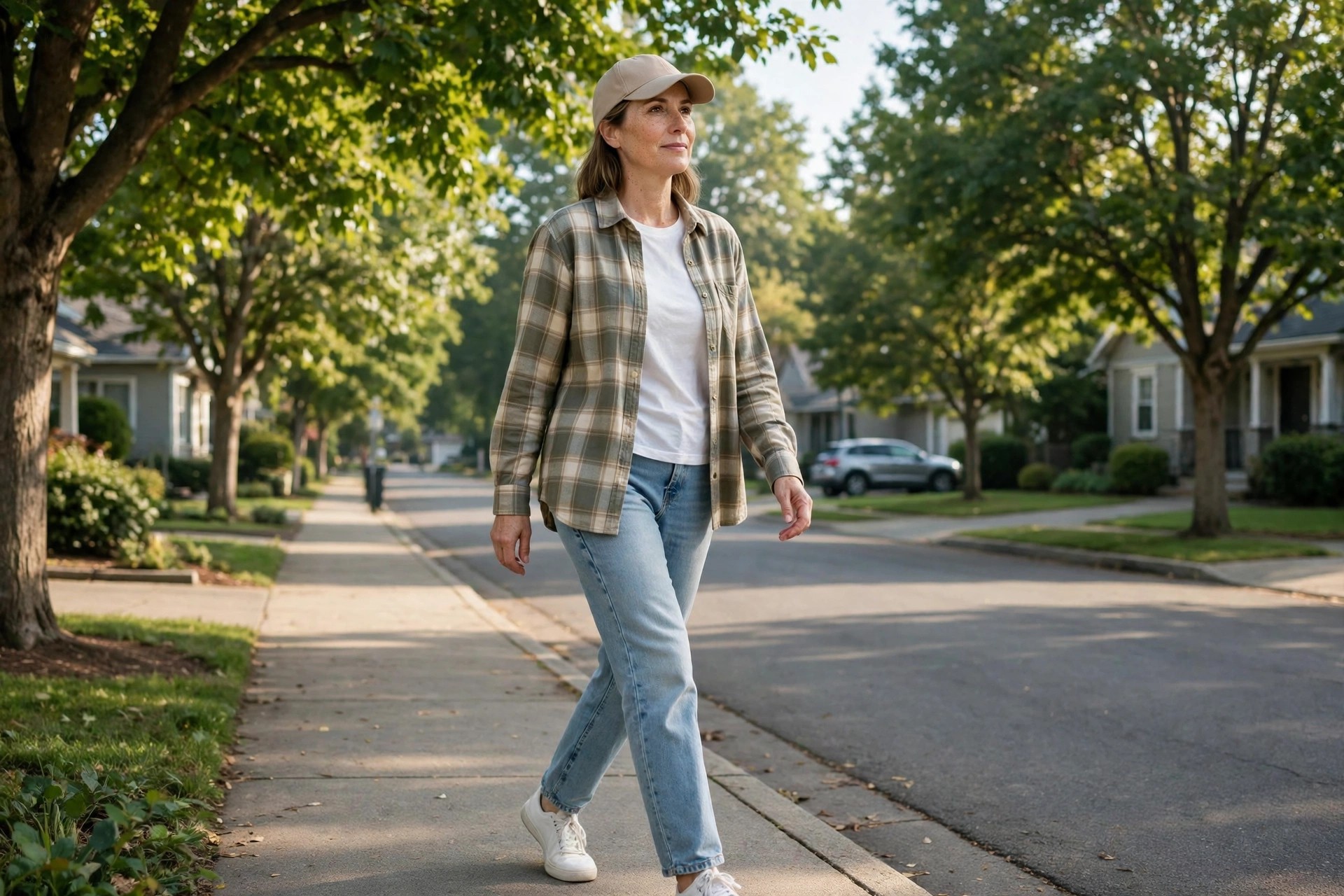 Woman wearing light wash relaxed jeans, a white t-shirt under an open flannel shirt, sneakers and a baseball cap on a tree-lined street