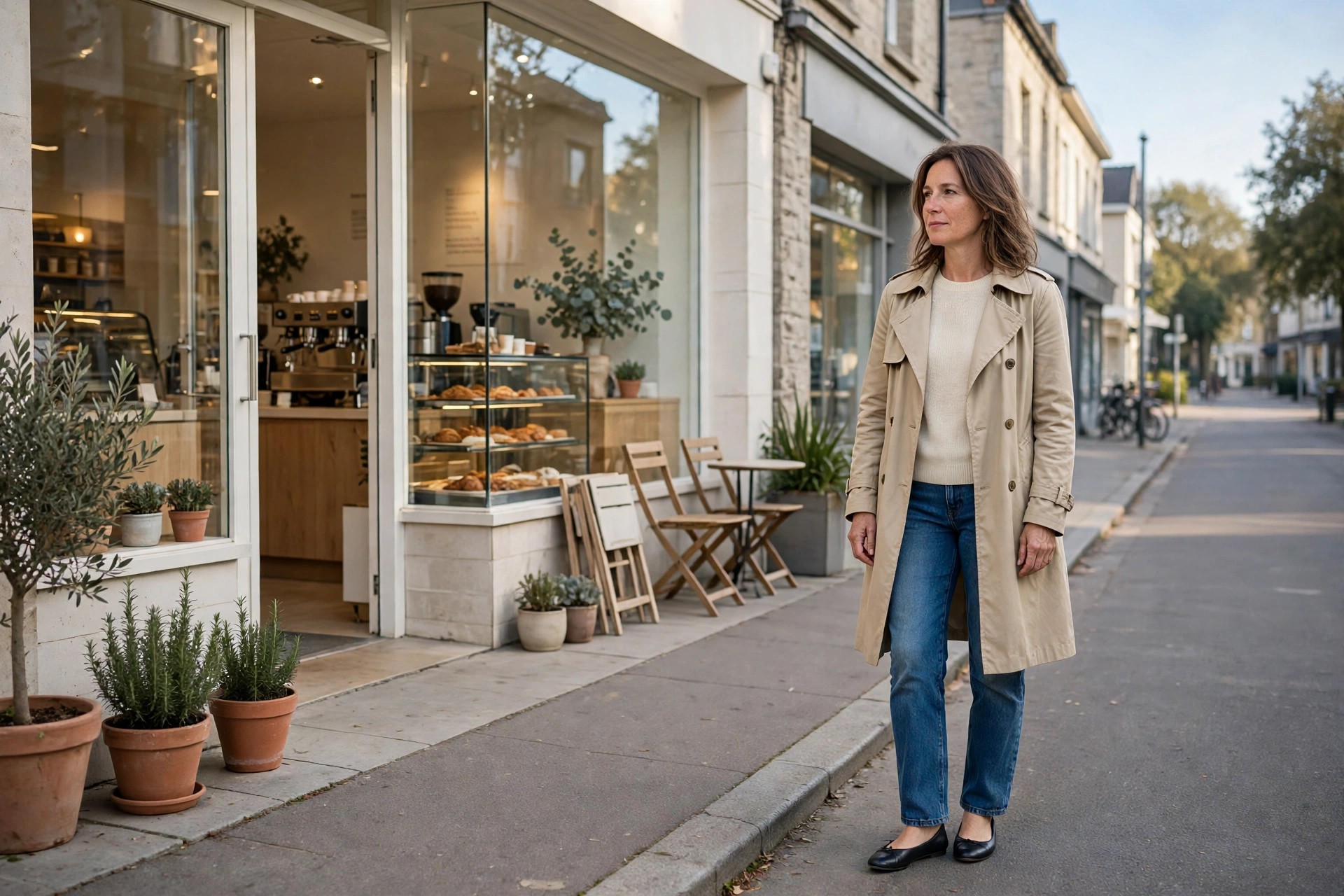 Woman wearing straight jeans, a cream fine knit sweater, a beige trench coat and ballet flats outside a coffee shop