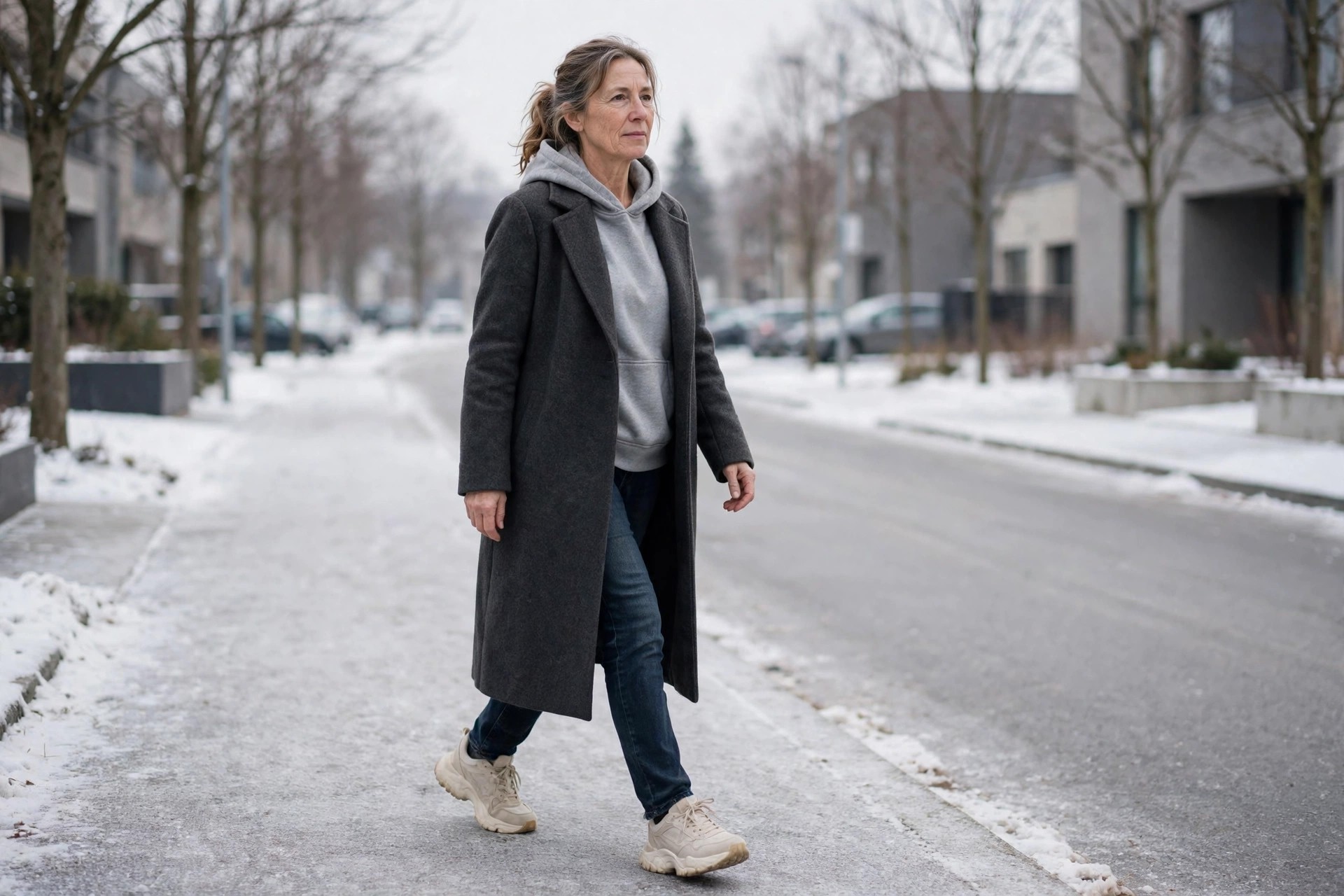 Woman wearing dark straight jeans, a gray hoodie under a long charcoal wool coat and chunky sneakers on a snowy street