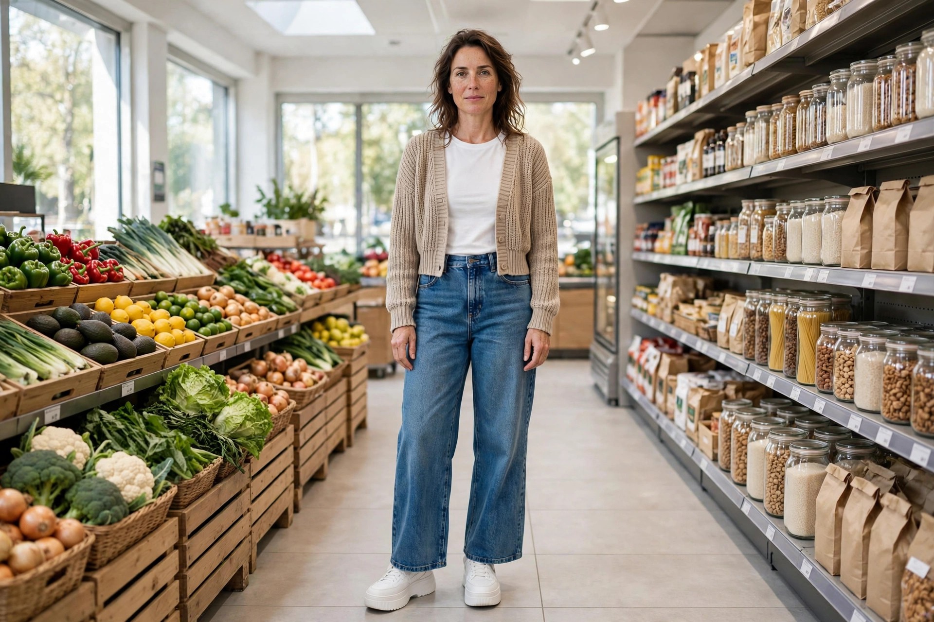 Woman wearing wide leg jeans, a white t-shirt, a cropped beige cardigan and platform sneakers in a grocery store aisle