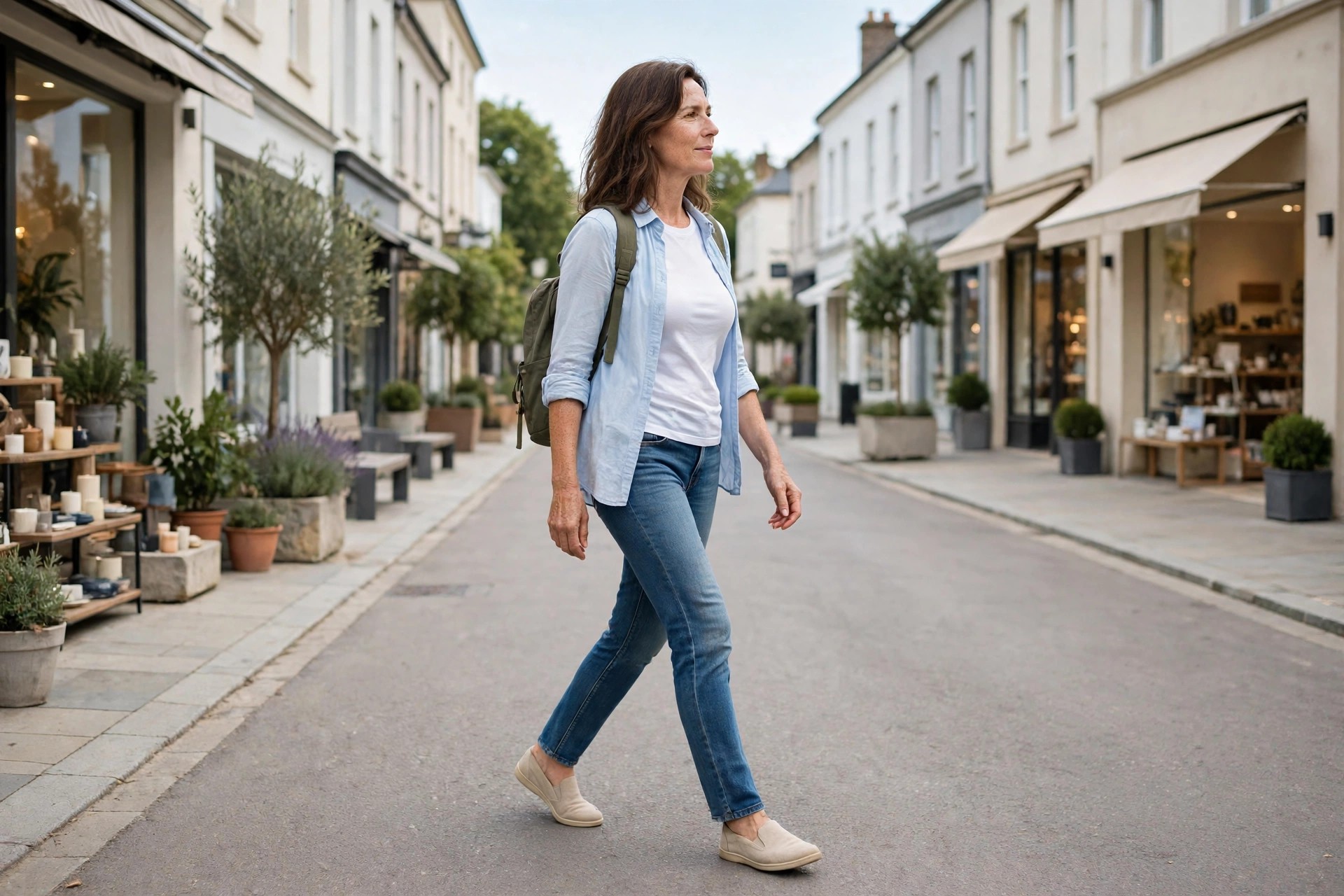 Woman wearing jeans, a white t-shirt under an open pale blue shirt, slip-on shoes and a backpack bag on a high street