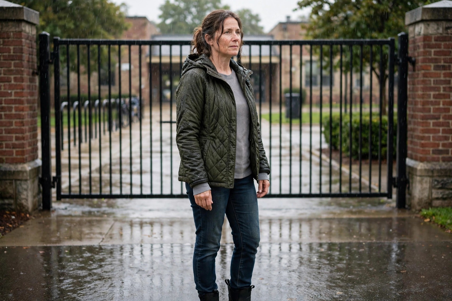 Woman wearing dark jeans, a gray thermal top, a quilted hooded jacket and waterproof boots at a school gate in the rain