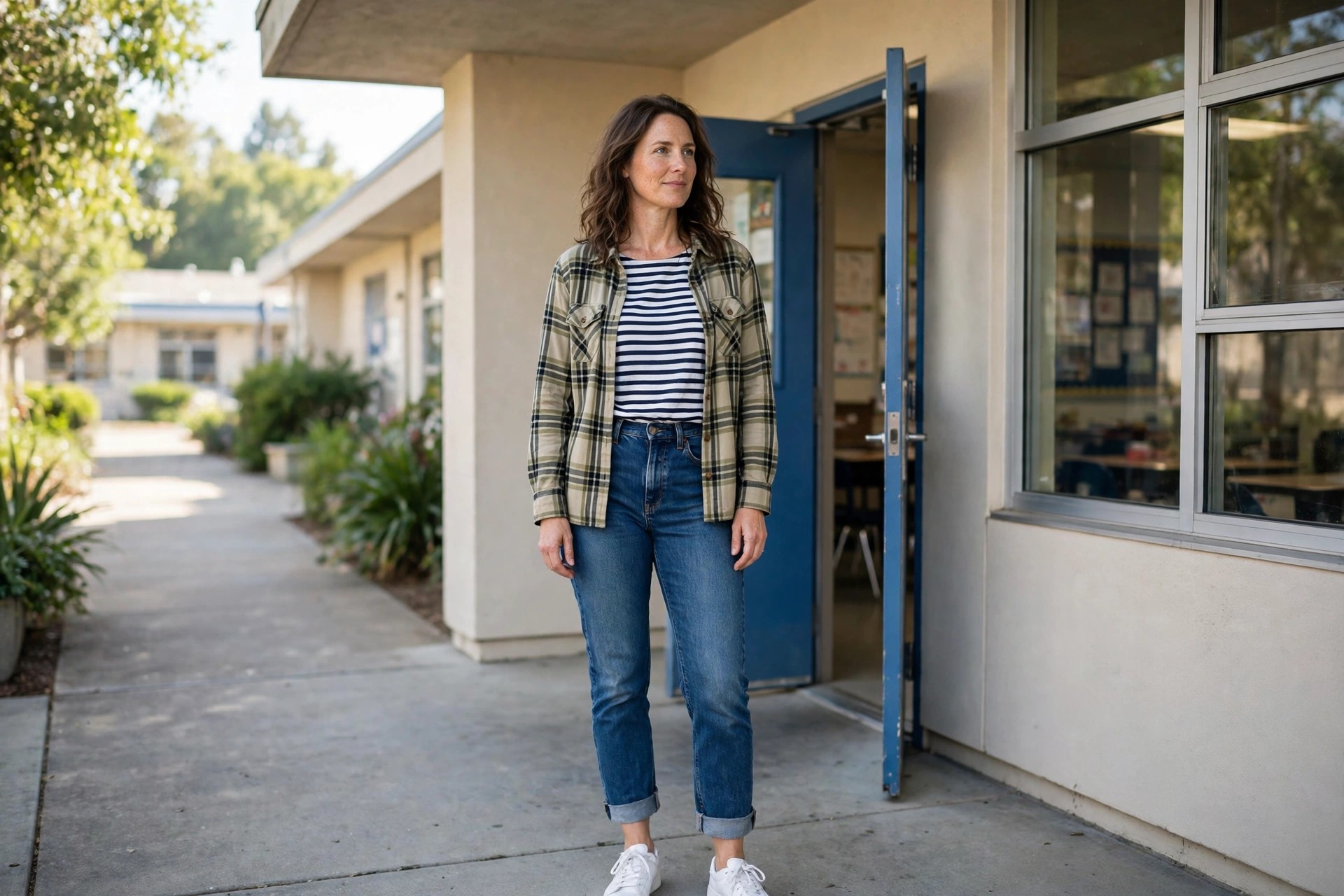 Woman wearing high rise mom jeans with a rolled hem, a Breton striped top, a plaid shacket and white sneakers at a classroom door