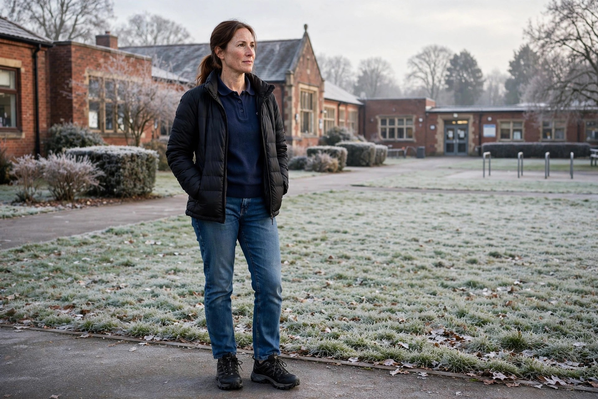 Woman wearing straight jeans, a navy polo sweater, a short black puffer jacket and trainers outside a school on a frosty morning