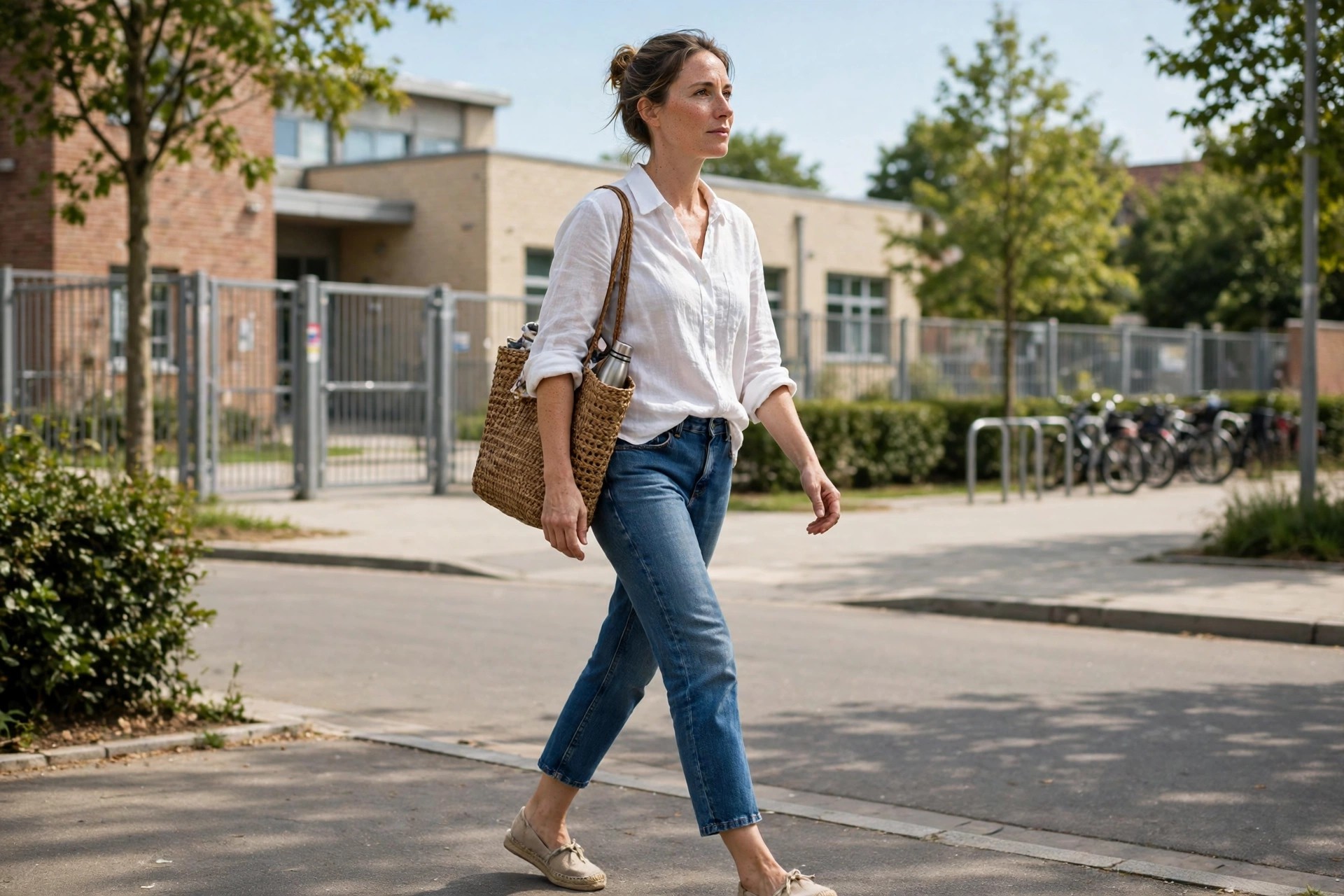 Woman wearing cropped straight jeans, a white linen shirt, espadrilles and a woven tote walking near a school on a sunny day