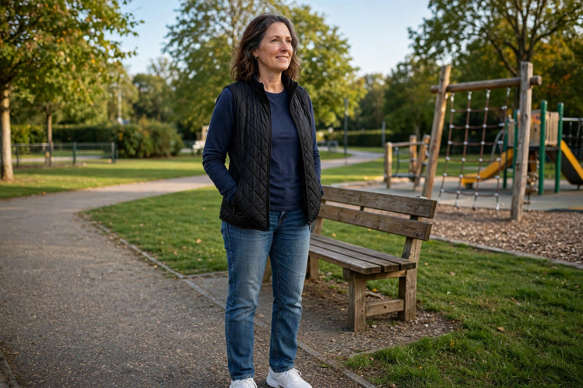 Woman wearing mid wash jeans, a navy long sleeve top, a black quilted gilet and trainers by a bench in a park