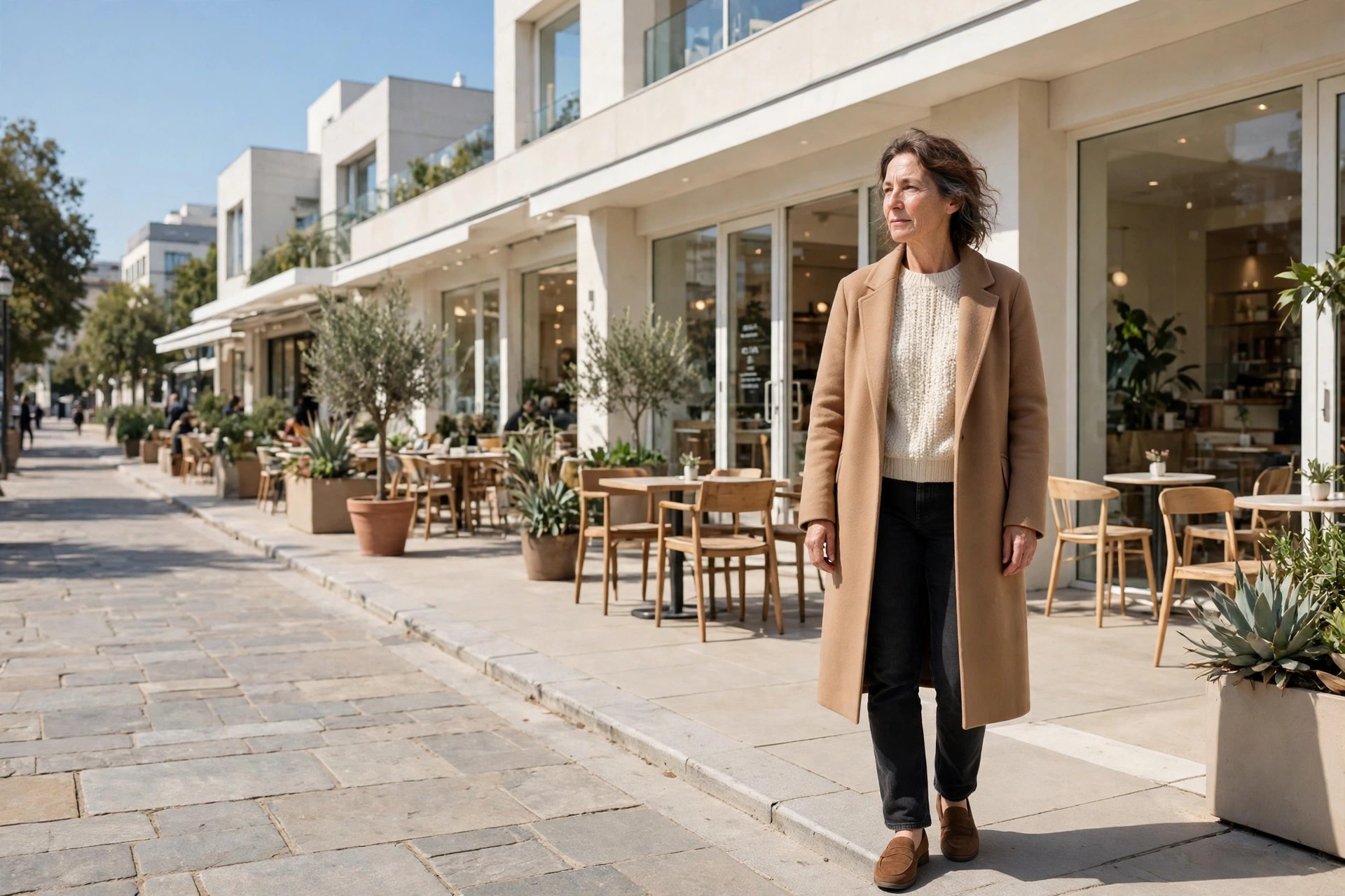 Woman wearing black straight jeans, a cream sweater, a long camel coat and loafers outside a cafe