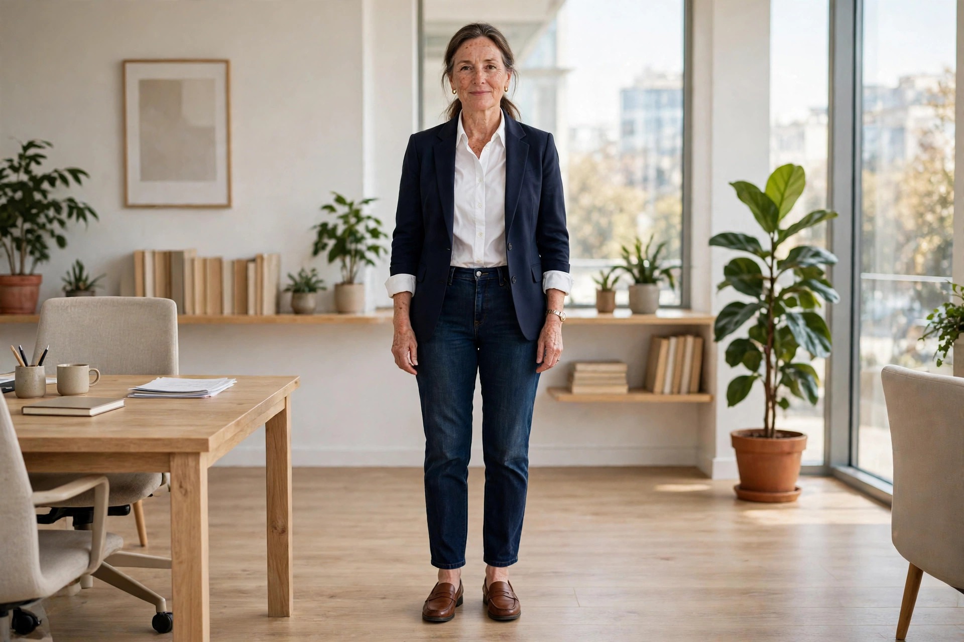 Woman over 40 wearing dark indigo straight leg jeans, white button shirt front tucked, navy blazer, brown leather loafers, standing in a bright tidy office