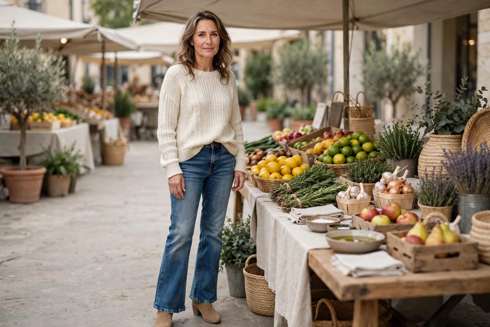 Woman over 40 wearing medium wash bootcut jeans, cream knit sweater with half tuck, tan suede ankle boots, at a tidy outdoor market stall