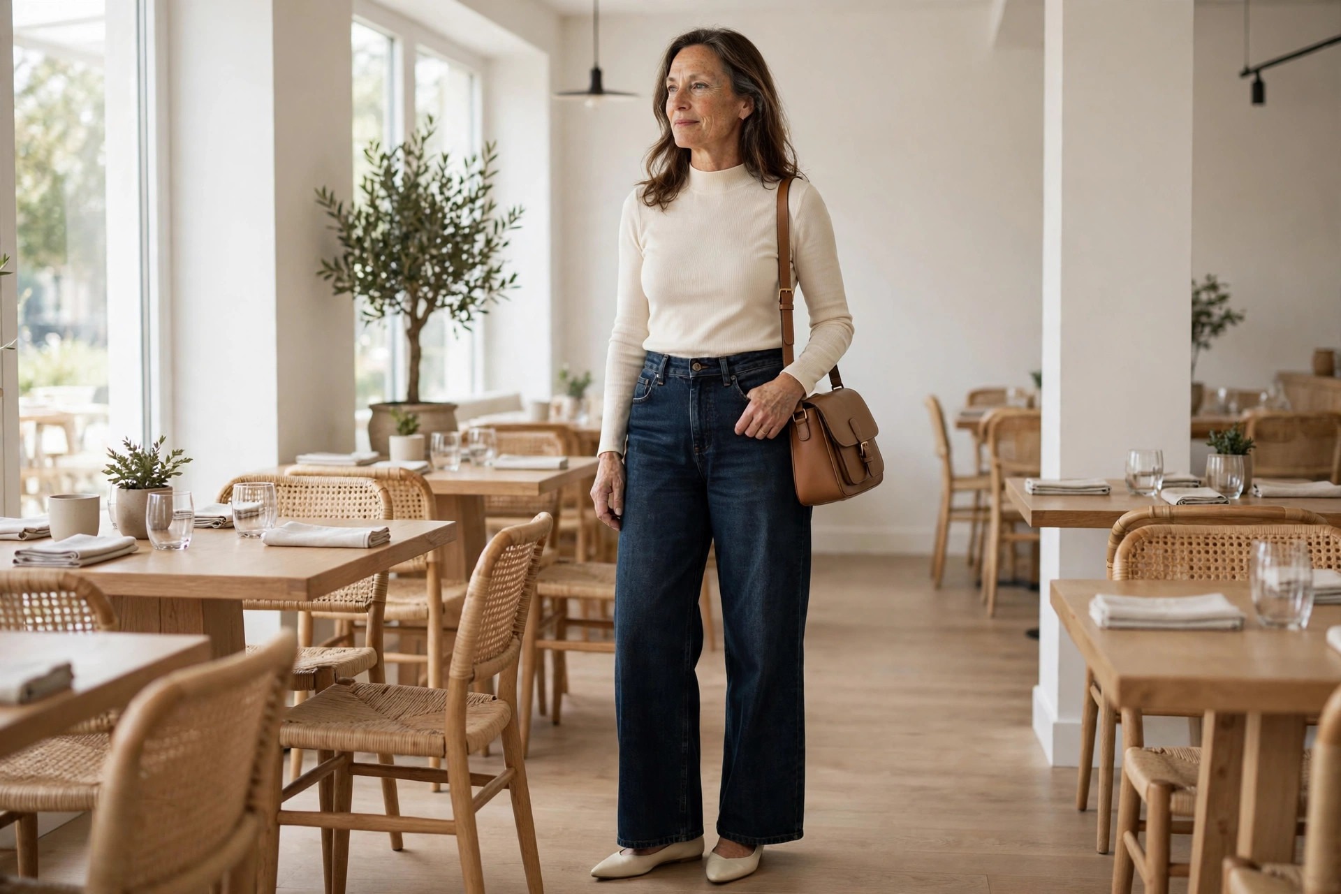Woman over 40 wearing dark wash wide leg full length jeans, fitted cream mock neck top tucked in, pointed flats, structured tan shoulder bag, in a tidy restaurant