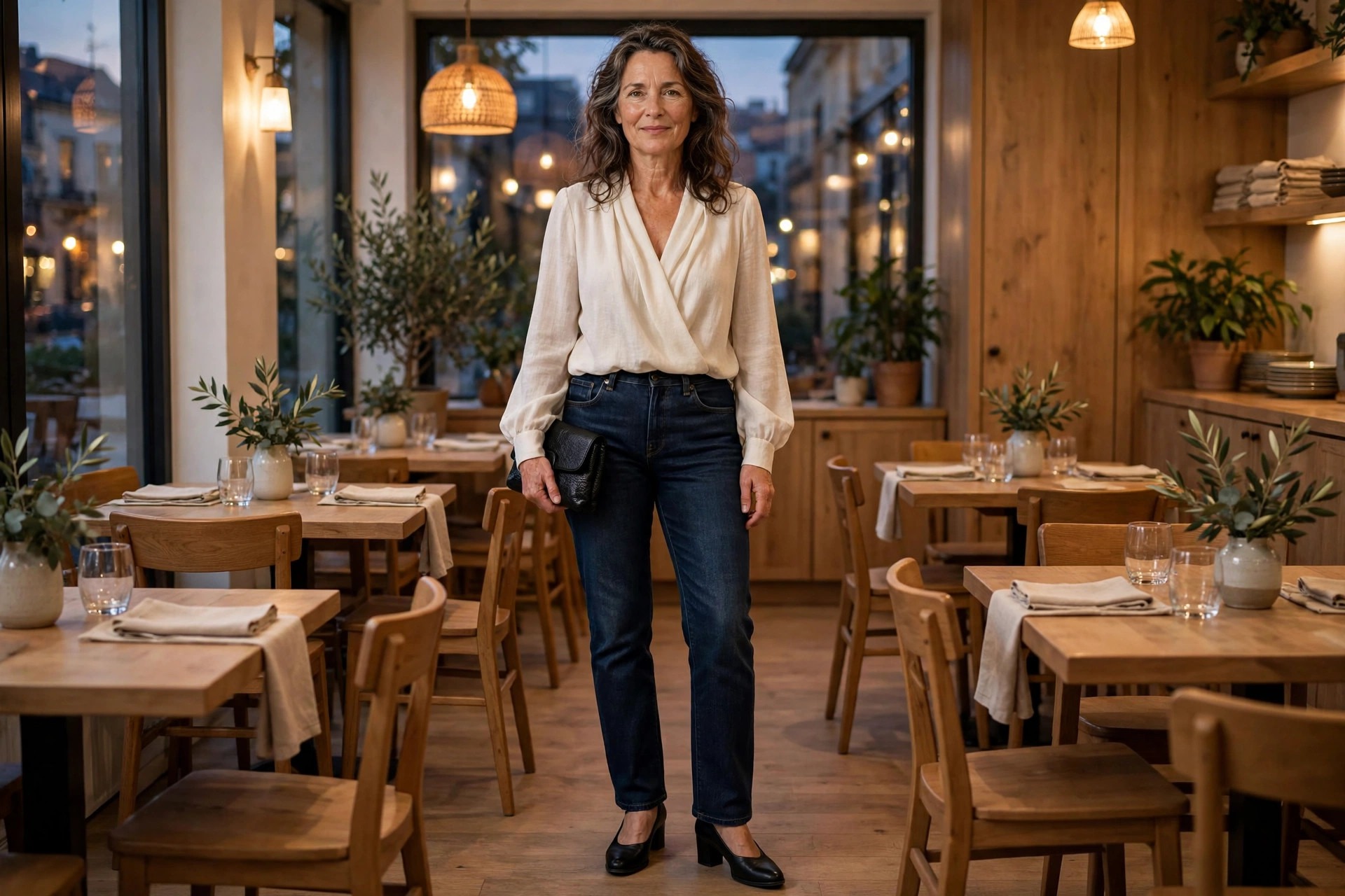 Woman over 40 wearing dark indigo straight jeans, ivory draped blouse tucked in, black low block heel shoes, small clutch, in a warm tidy restaurant at evening
