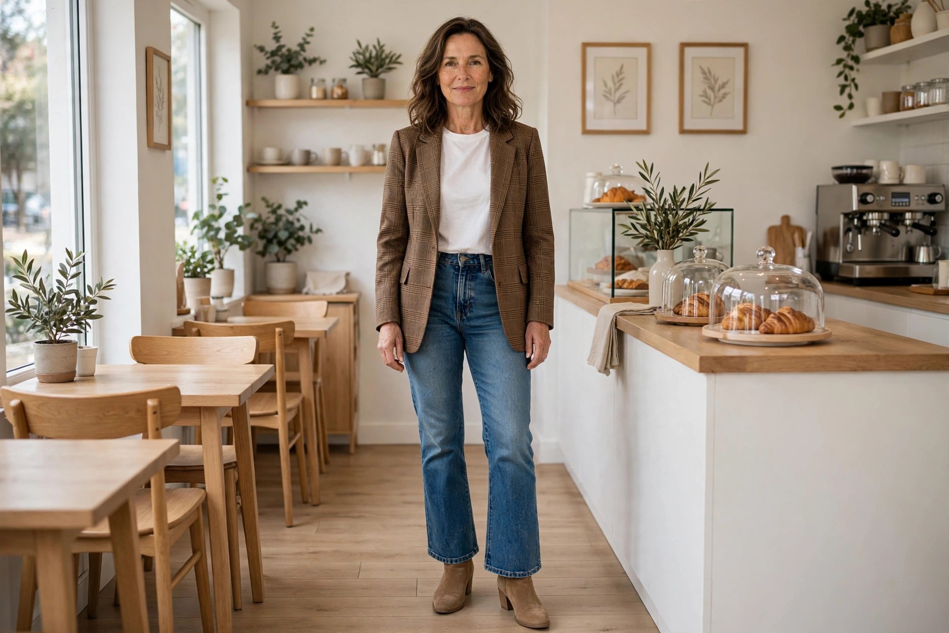 Woman over 40 wearing medium wash bootcut jeans, plain white tee tucked in, brown plaid blazer, tan suede ankle boots, in a tidy small cafe