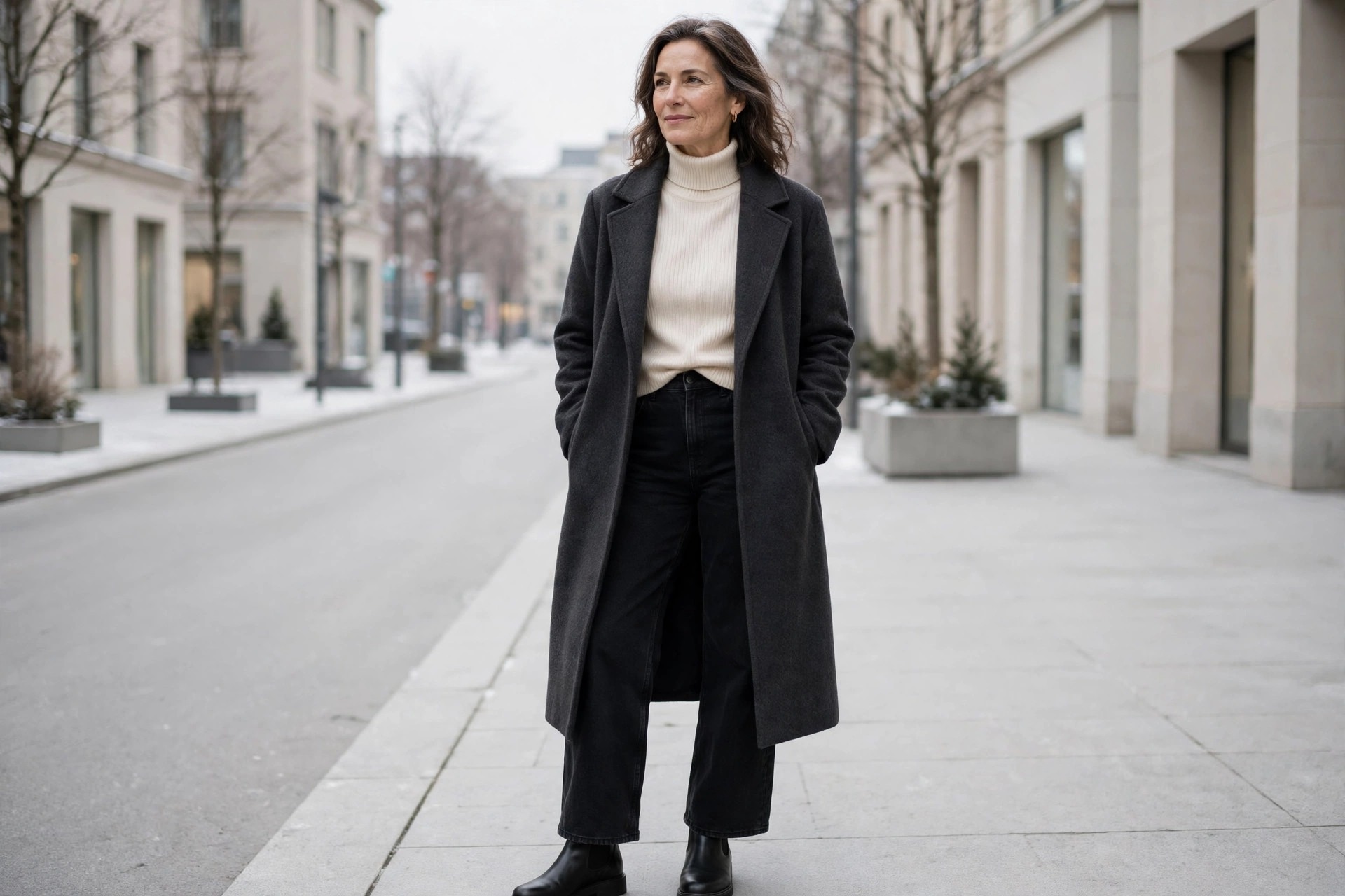Woman over 40 wearing black wide leg jeans, cream turtleneck sweater tucked in, long charcoal coat, black chelsea boots, on a clean winter street