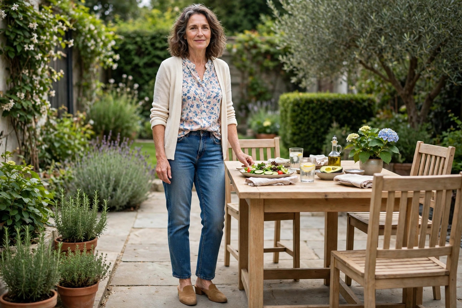 Woman over 40 wearing medium wash straight jeans, small floral blouse front tucked, fine cream cardigan, tan mules, at a tidy garden lunch table