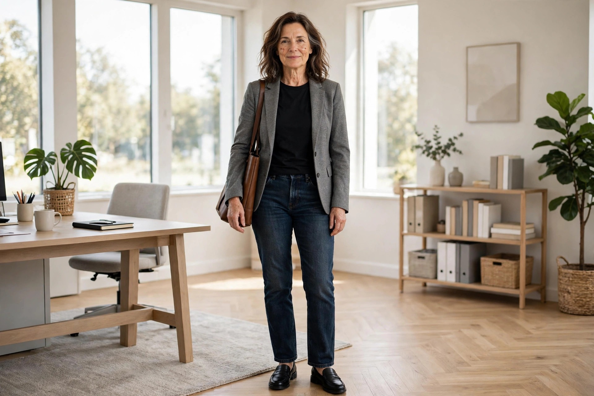 Woman over 40 wearing dark wash straight jeans, plain black tee tucked in, gray blazer, black loafers, structured tote, in a bright tidy office