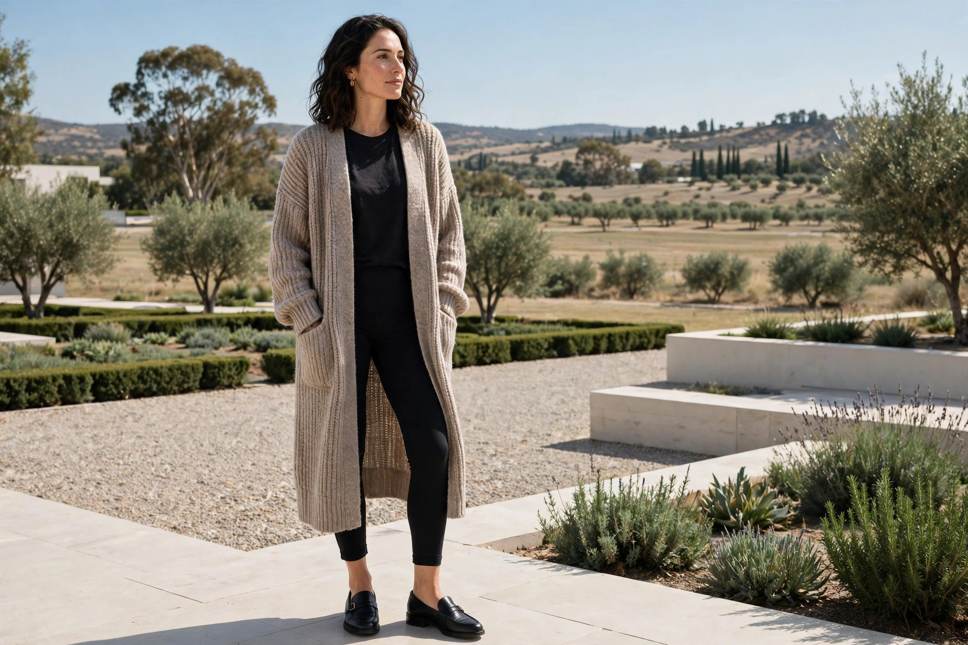 Woman wearing ankle length leggings with loafers and a long cardigan, hems clean at the ankle