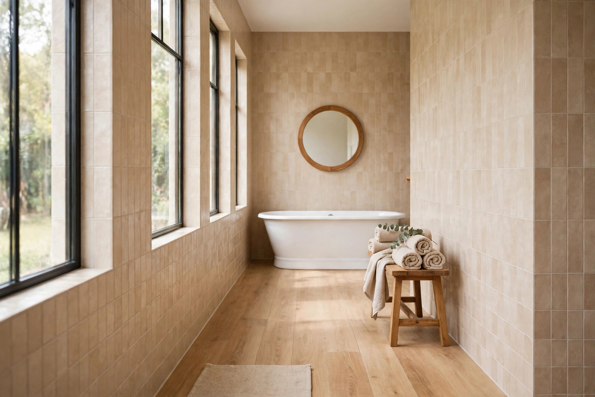 Long beige tiled bathroom with a white freestanding tub centered on the far end wall below a round wood framed mirror